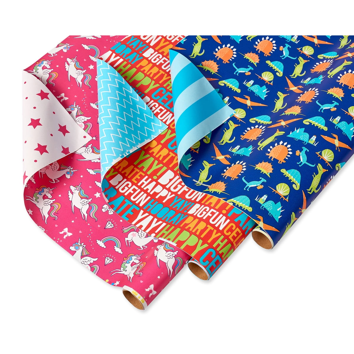 American Greetings Reversible Birthday, Baby, Wedding, and All Occasion Wrapping Paper, Unicorns and Dinosaurs (9 Rolls, 225 sq. ft.)