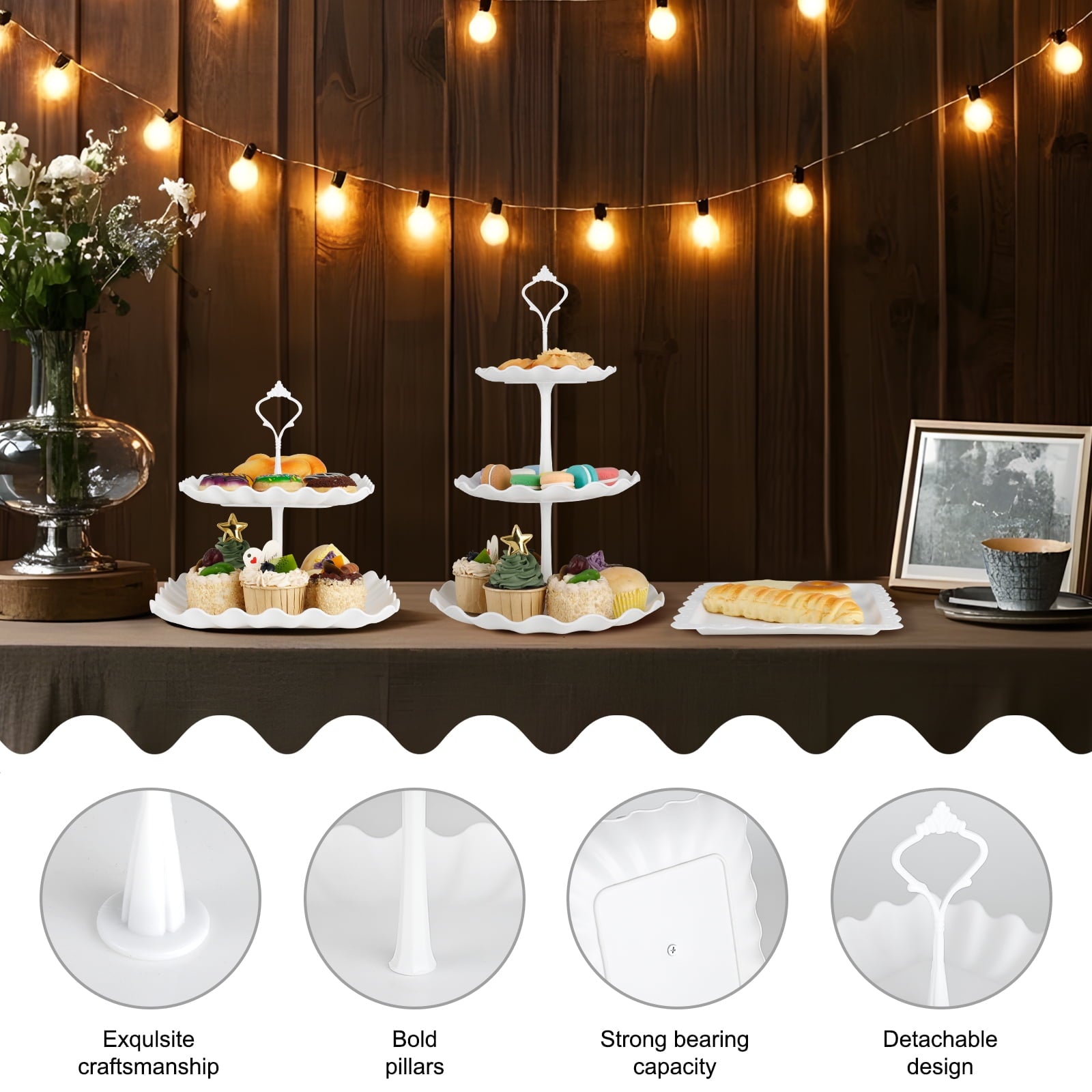 TINANA 10 PCS Plastic Cake and Cupcake Stand Set, 3 Two-Tier Stands, 3 Three-Tier Stands, 4 Appetizer Trays, for Birthday, Bridal, and Baby Shower Parties, White