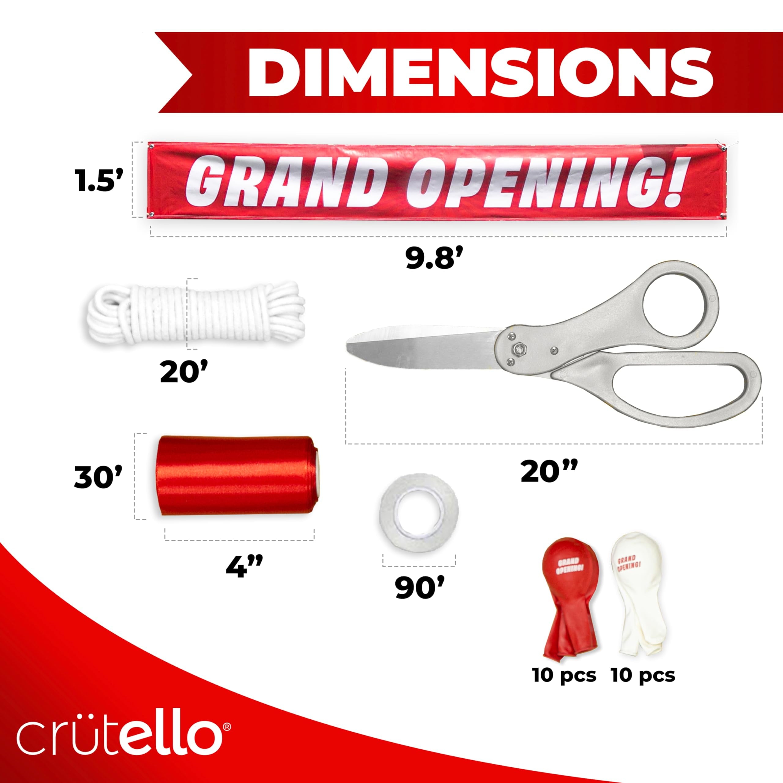 Crutello Ribbon Cutting Ceremony Kit - 21" Giant Red Scissors with Grand Opening Banner and 30 Foot Large Red Ribbon 4" Wide, 20 Balloons, 90 ft Balloon and 20 Feet Banner Rope for Decorations