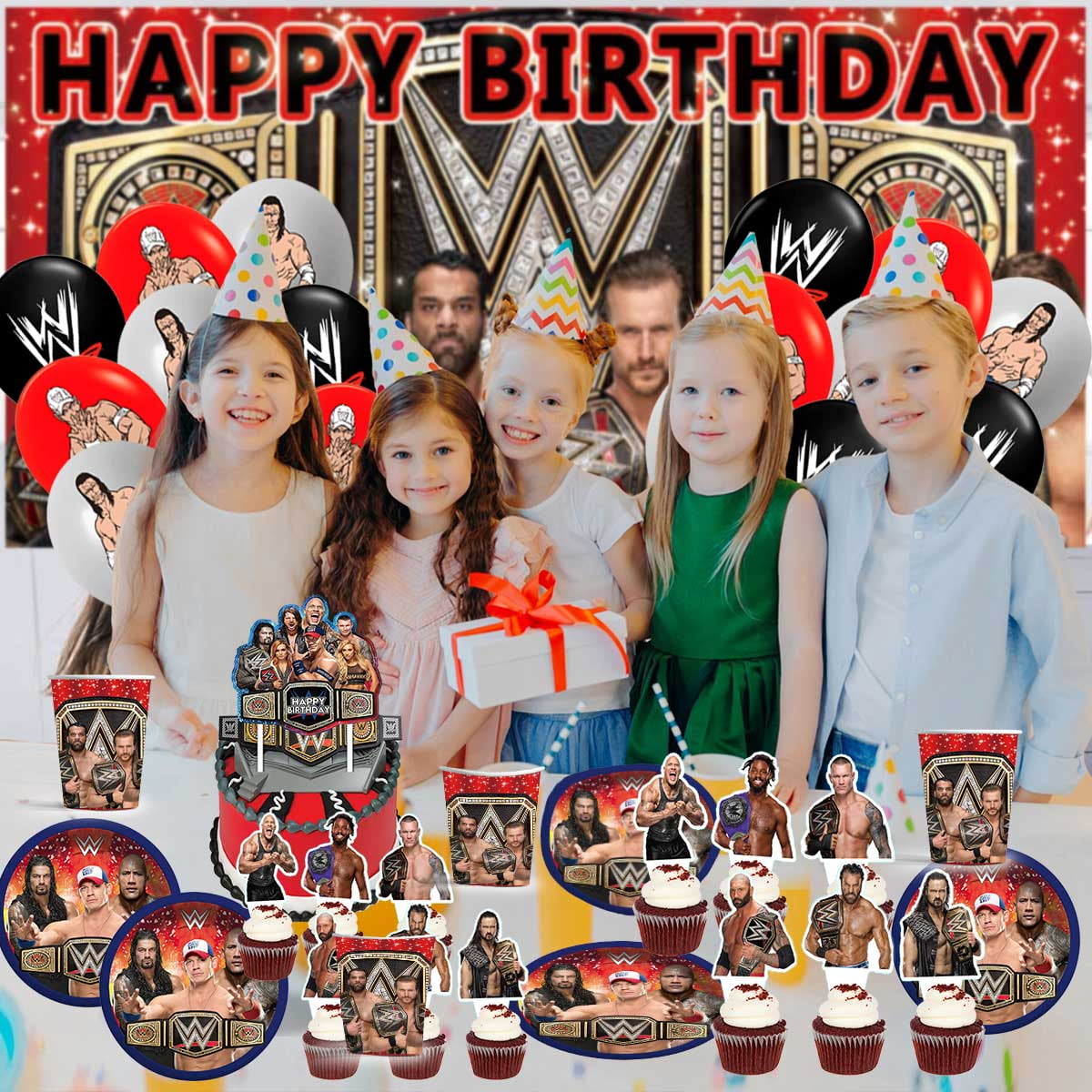 Wrestling Party Decor Plates Cake Topper Balloons Banner Backdrop Supplies Decorations Tableware