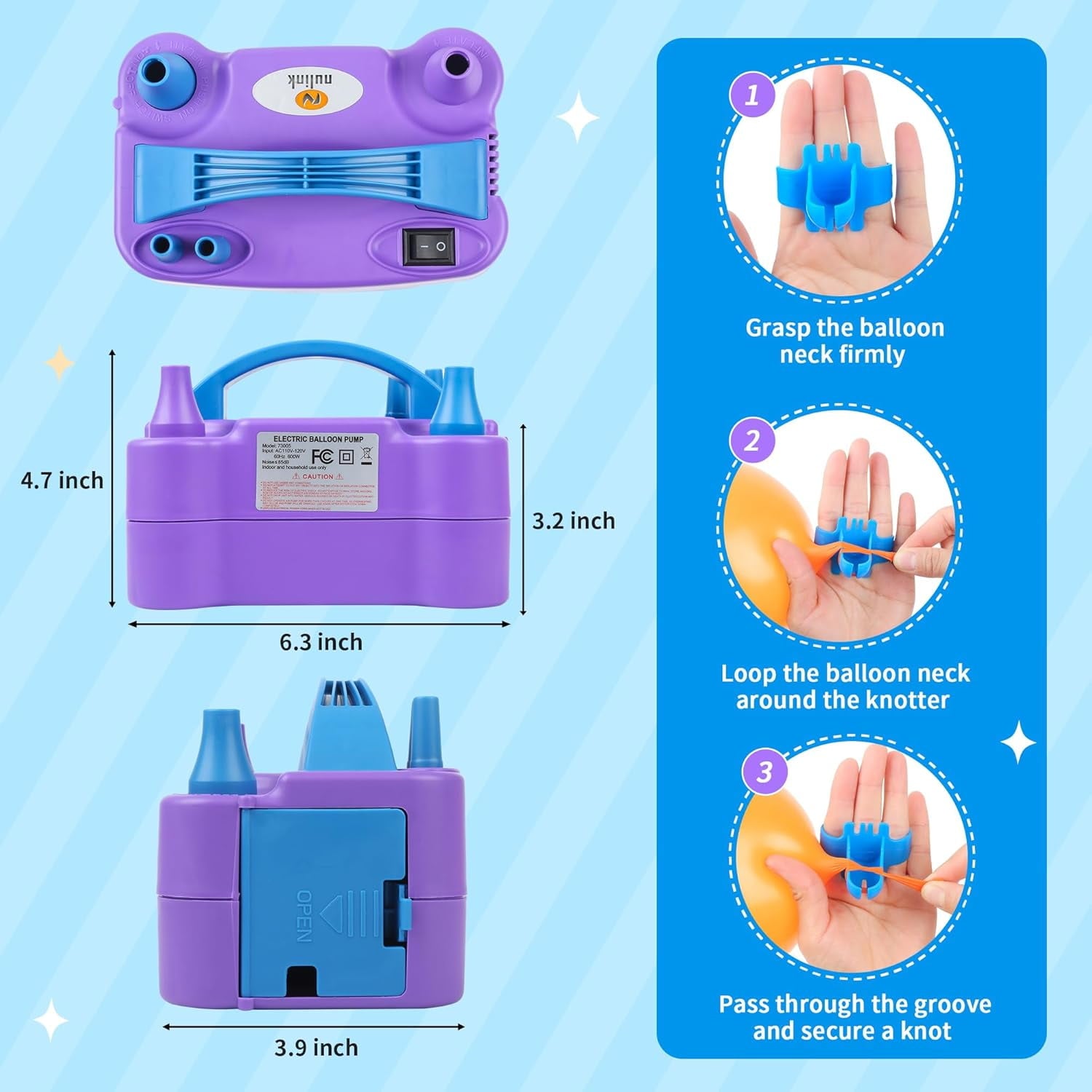 Balloon Pump Electric Portable Dual Nozzle Air Pump for Balloons Blower Pump Inflator for Decoration, Birthday Party [110V~120V, 600W, Purple]