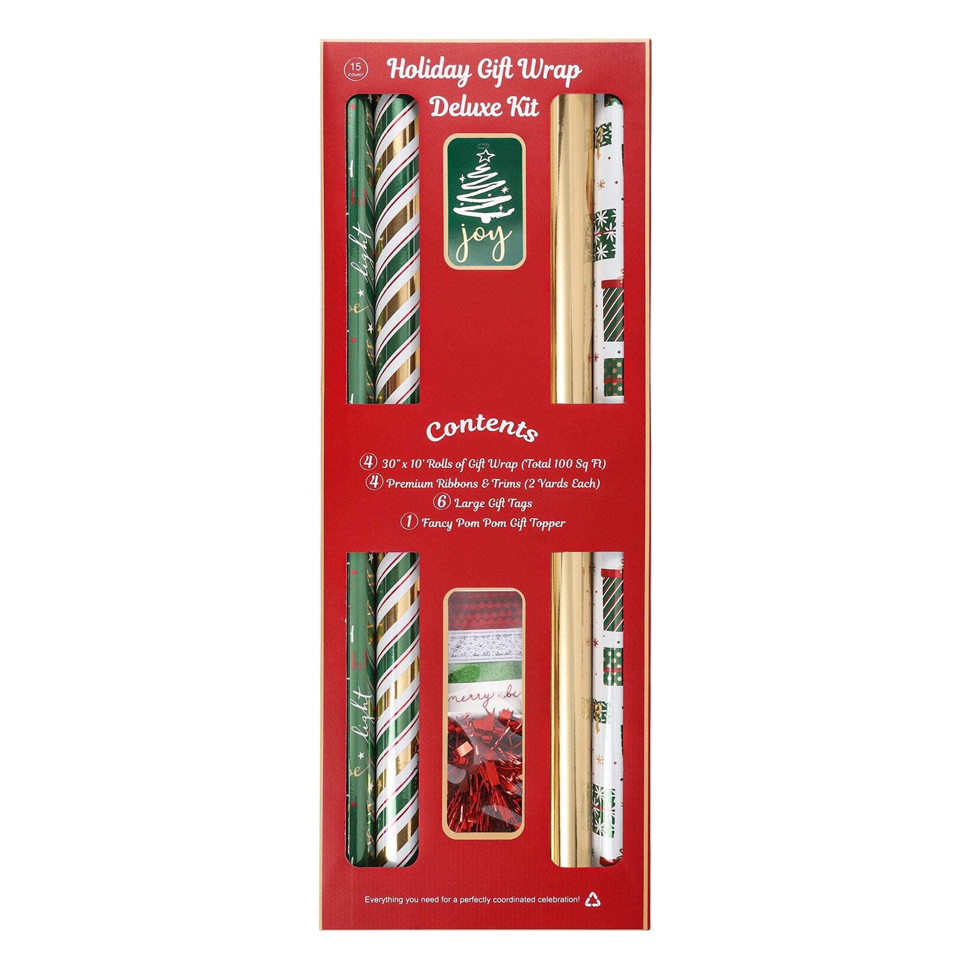 LaRibbons 30" x 10' Christmas Holiday Gift Wrap Deluxe Kit, Stripe Green