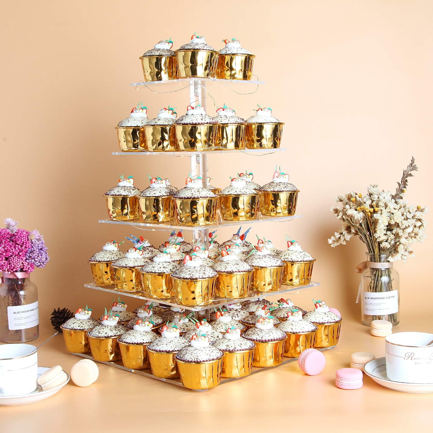 Vdomus 5-Tier Acrylic Cupcake Tower with LED Lights - Cupcake Holder and Display Stand for Weddings, Birthdays, and Parties