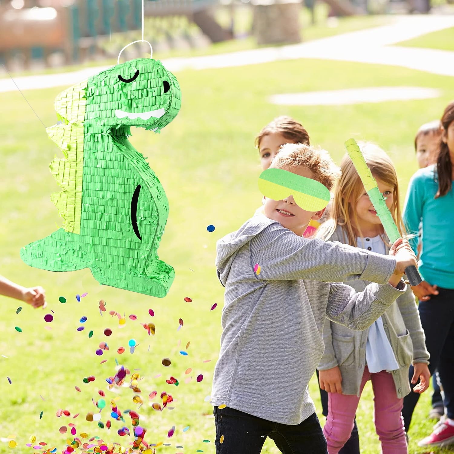 JBeeCtrl Dinosaur Pinata for Kids Birthday Party with Blindfold and Bat (17x13.4x3.5 Inches) Dinosaur Party Supplies Dino Pinata for Boys Kids
