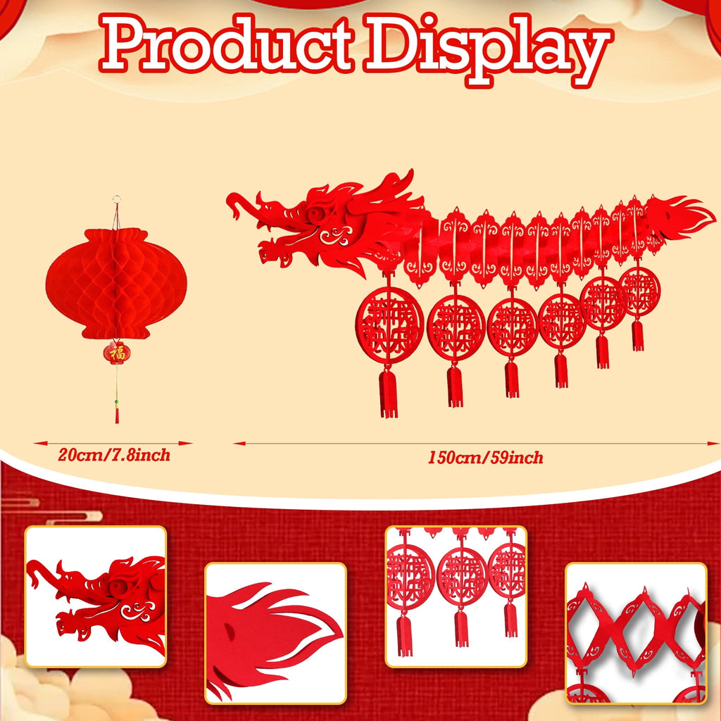 Bealkimm  Chinese New Year Dragon, 2PCS 3D Chinese New Year Dragon Ceiling Decorations and 2PCS Chinese Lanterns for Chinese New Year Decorations 2024