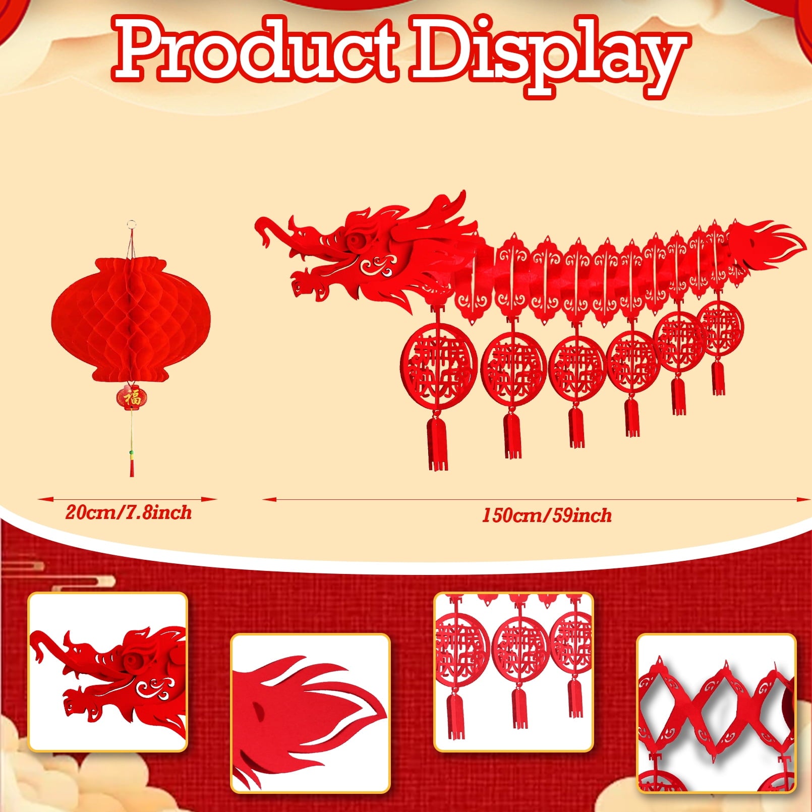 Bealkimm  Chinese New Year Dragon, 2PCS 3D Chinese New Year Dragon Ceiling Decorations and 2PCS Chinese Lanterns for Chinese New Year Decorations 2024