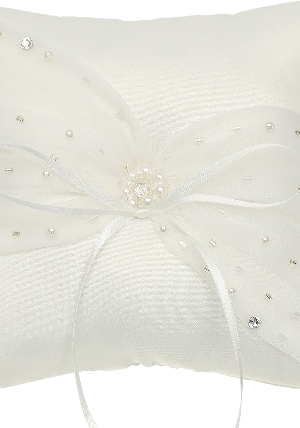 Crystal Beads Lace Bow Wedding Ring Bearer Pillow 6.5 Inch x 6.5 Inch - RP015I