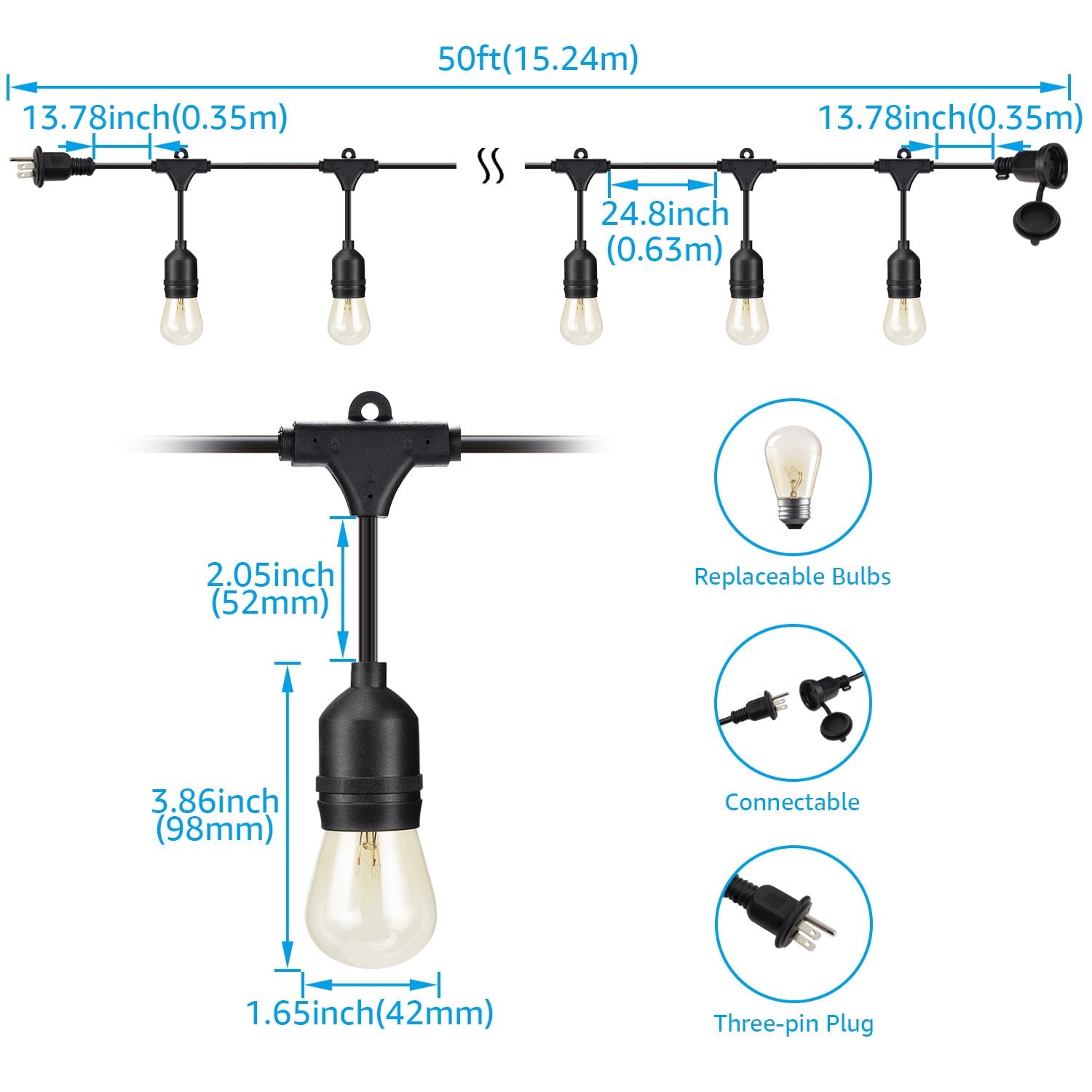 TORCHSTAR 50ft Outdoor Patio String Lights 24 Bulbs + Extra 12 Bulb Extendable Retro Style Hanging Lights for Festivals & Events, 24 Sockets, Weatherproof Commercial Grade, Garden, Balcony, Entrance