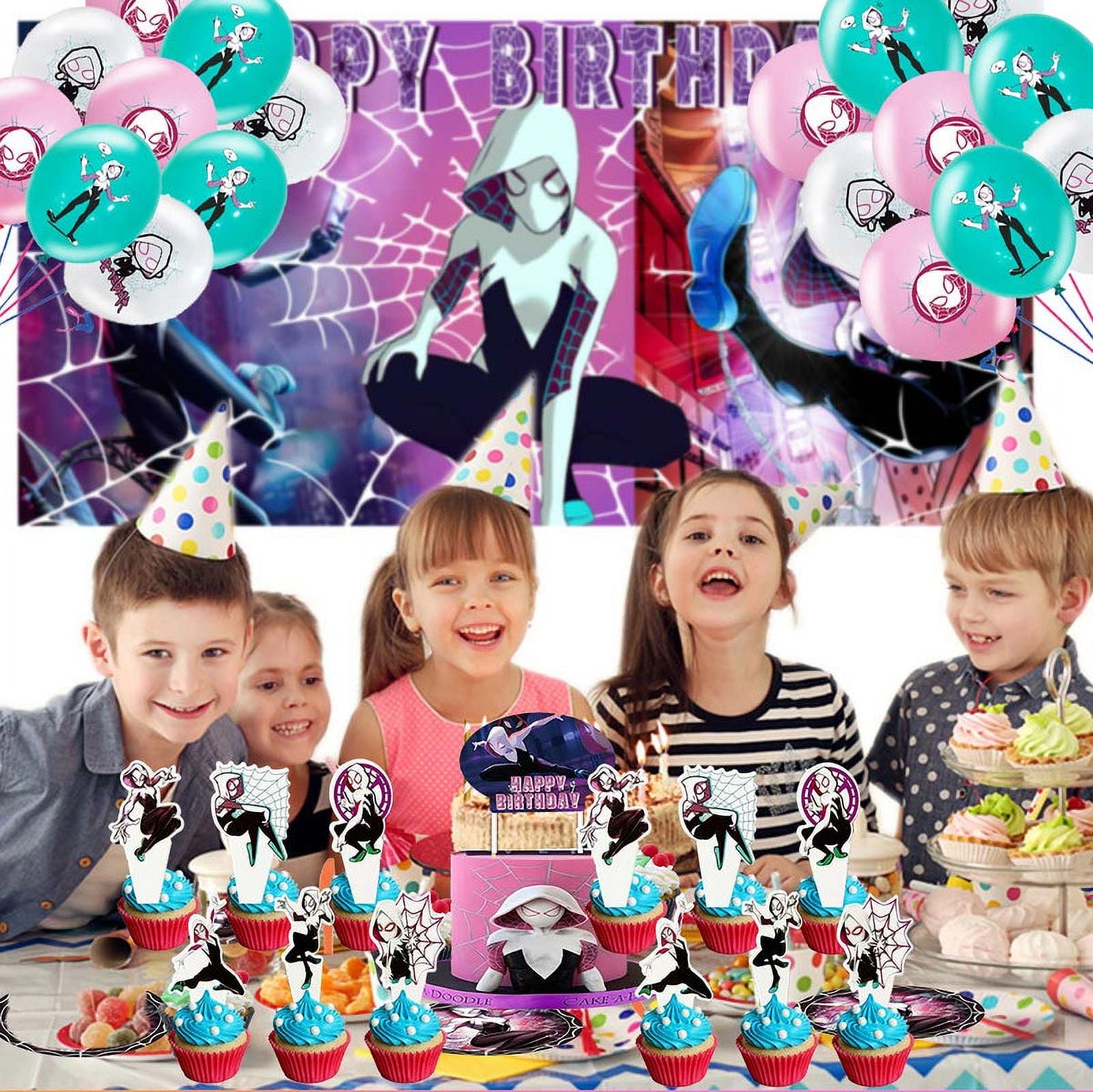 Gwen Spider Girl Tableware Balloons Birthday Plates Party Decor Banner Cake Topper Decorations for Kids Supplies