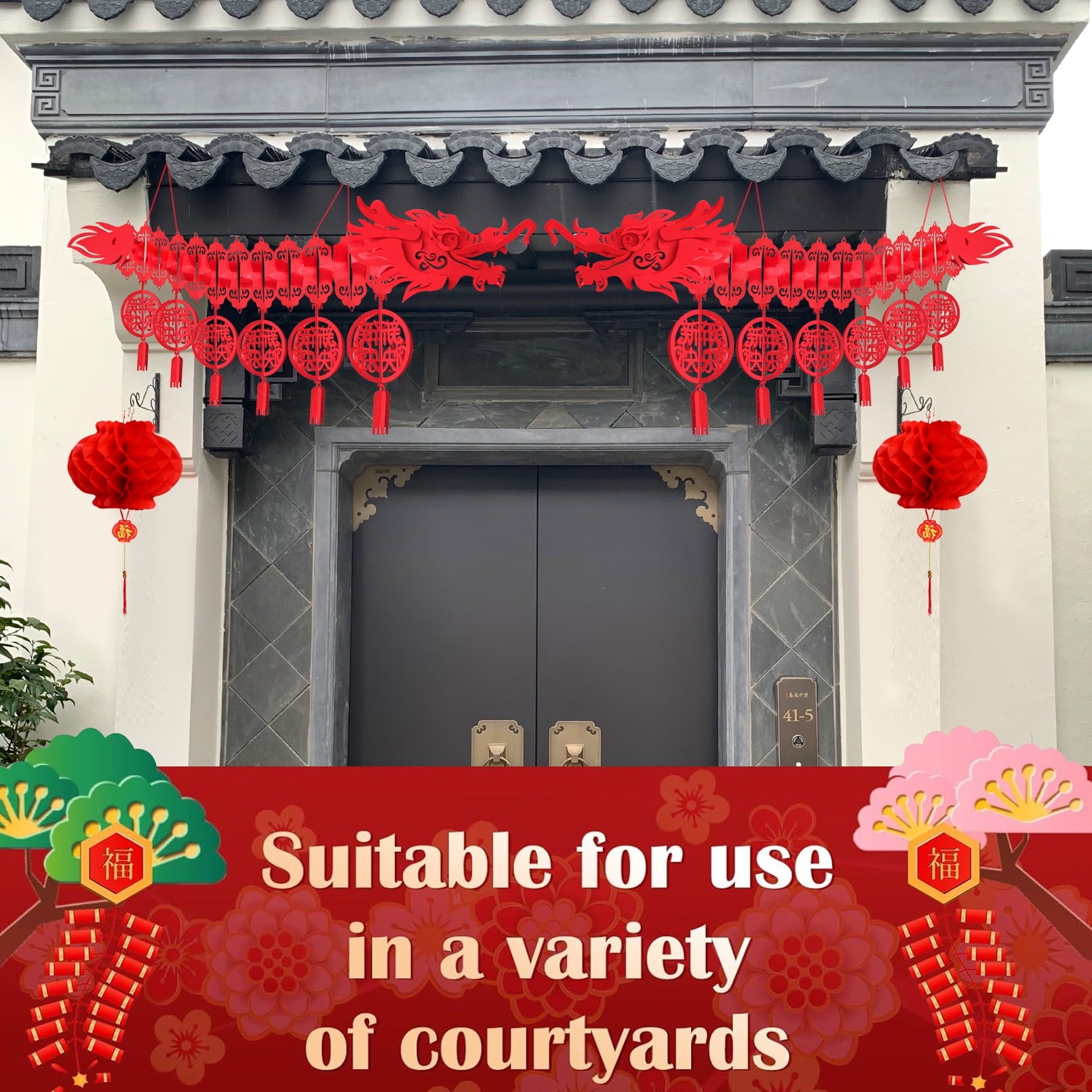 Bealkimm  Chinese New Year Dragon, 2PCS 3D Chinese New Year Dragon Ceiling Decorations and 2PCS Chinese Lanterns for Chinese New Year Decorations 2024