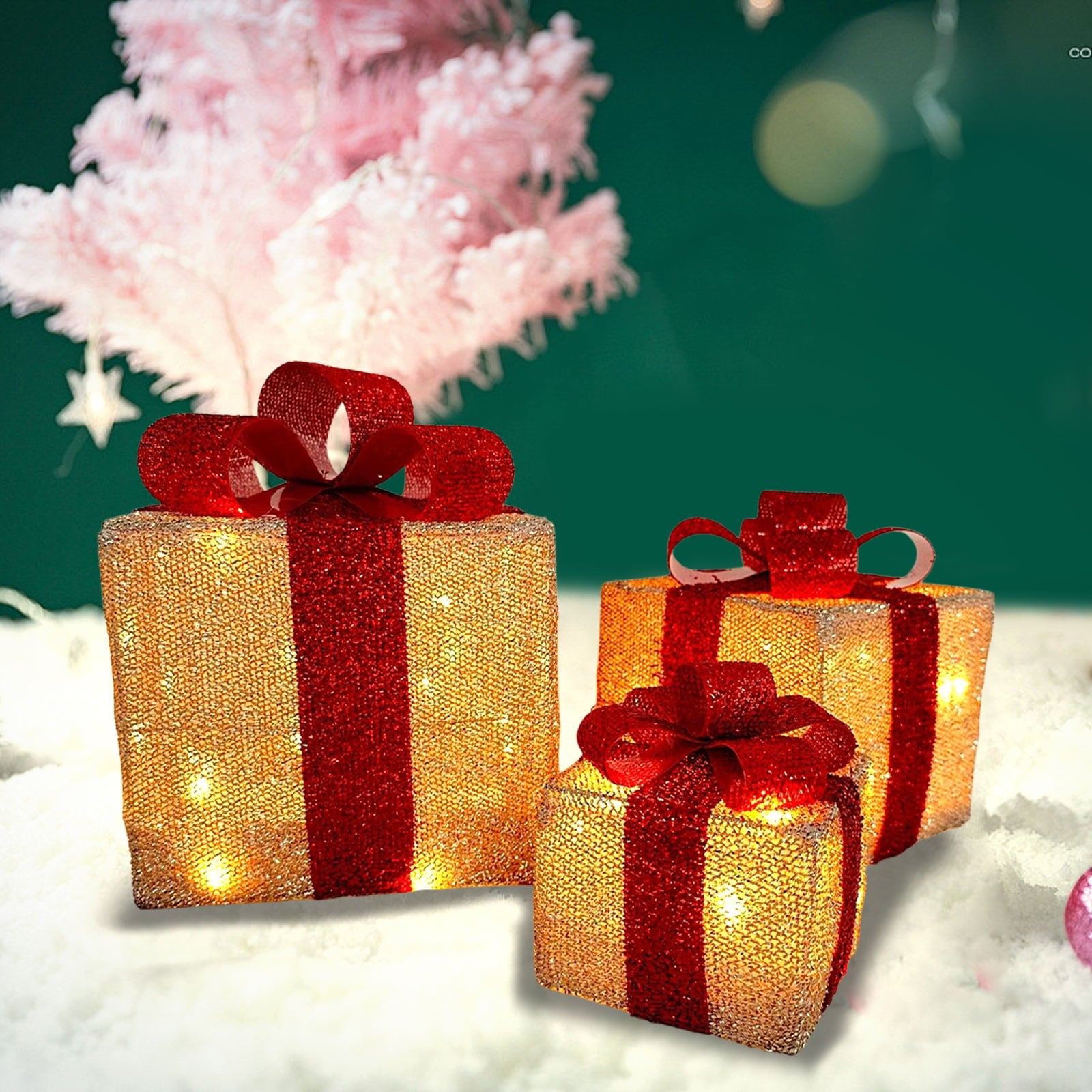 Tyidzon Christmas Lighted Gift Boxes, 3Pcs Christmas Decorations Presents Boxes with Ribbon Bows Christmas Decorations for Xmas Tree, Yard, Home, Indoor Outdoor Holiday Decor