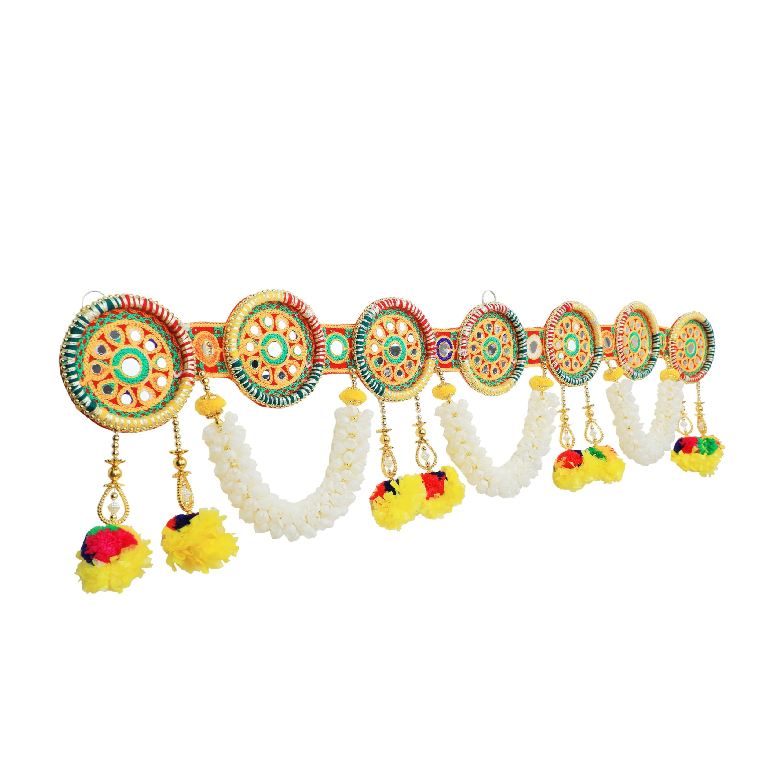 Artificial Toran Door Hanging Marigold Mogra Flowers Garlands Toran Set with Bandanwar Round Chakra with Beads for Home Christmas Festival Indian Wedding Entrance Decoration(Size-36"X9")