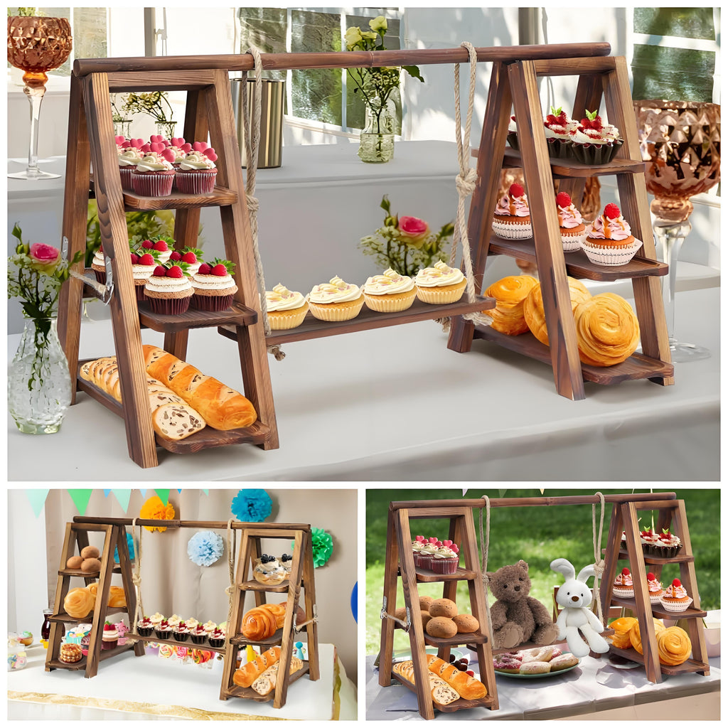 Gomok 3 Tier Serving Tray Wooden Cupcake Stand Rustic Foldable Dessert Table Display Set with Removable Trays