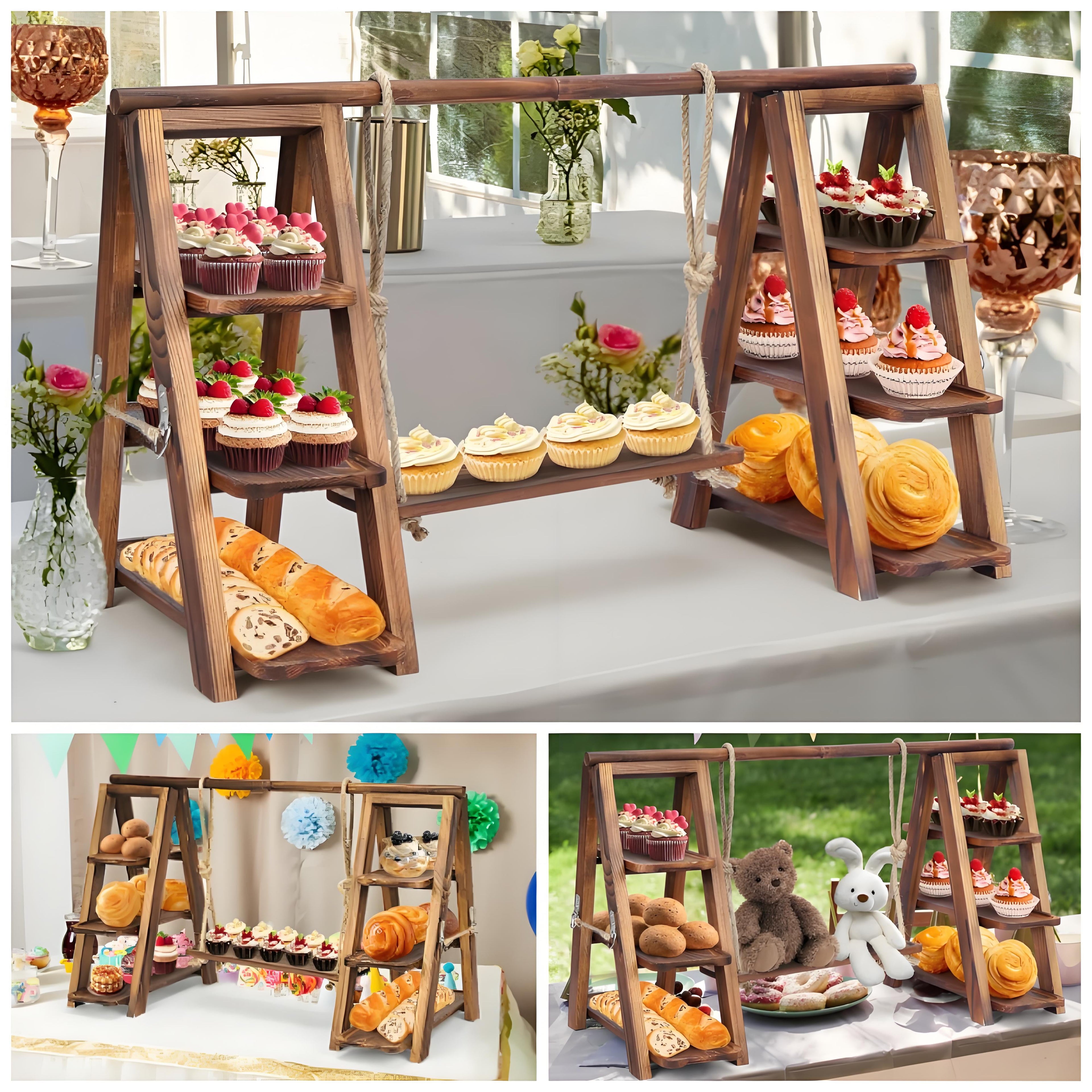 Gomok 3 Tier Serving Tray Wooden Cupcake Stand Rustic Foldable Dessert Table Display Set with Removable Trays