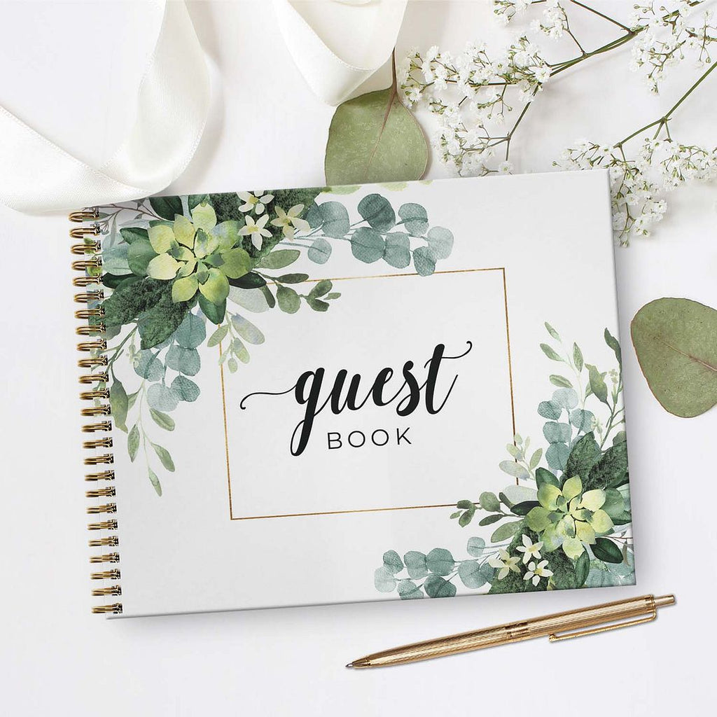 Hardcover Lush Greenery Wedding Guestbook / 120 Lined Guest Signature Pages Inside / 11" x 8.5" Landscape Lay Flat Event Guest Book/Gold Metal Spiral Binding