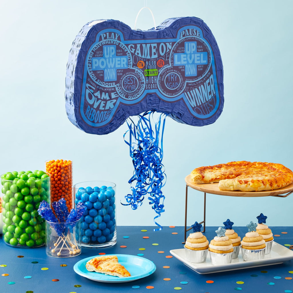 Pull String Video Game Pinata, Blue Gaming Controller for Gamer Party Decorations for Boys (16.5 x 11 x 3 In), Ages 3-14