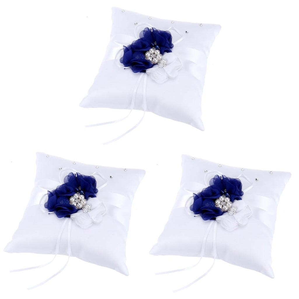 WORGEOUS 3pcs 20*20cm Embellished Wedding Ring Pillow Cushion Pearl Flower Decorated Ring Bearer Pillow (Blue & White Flower)