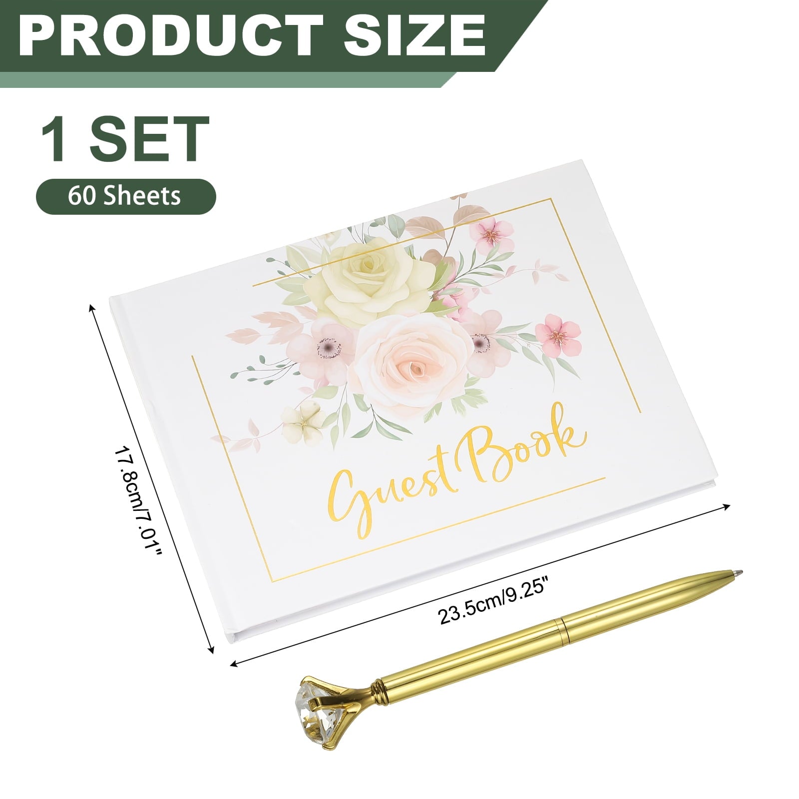 Guest Book, Wedding Guest Sign Book Reception Signature Book Party Decorations Supplies with Diamond Pen for Birthday Bridal Shower, Pink Rose