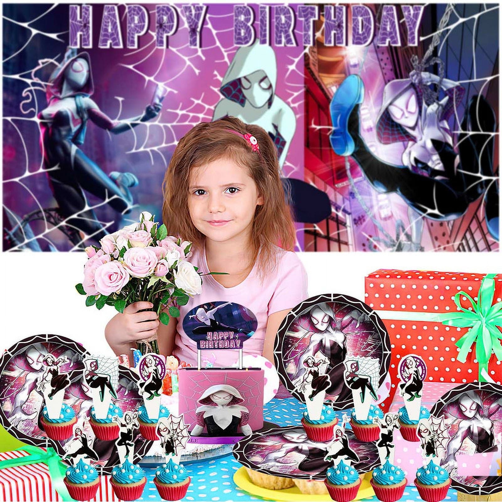 Gwen Spider Girl Tableware Balloons Birthday Plates Party Decor Banner Cake Topper Decorations for Kids Supplies