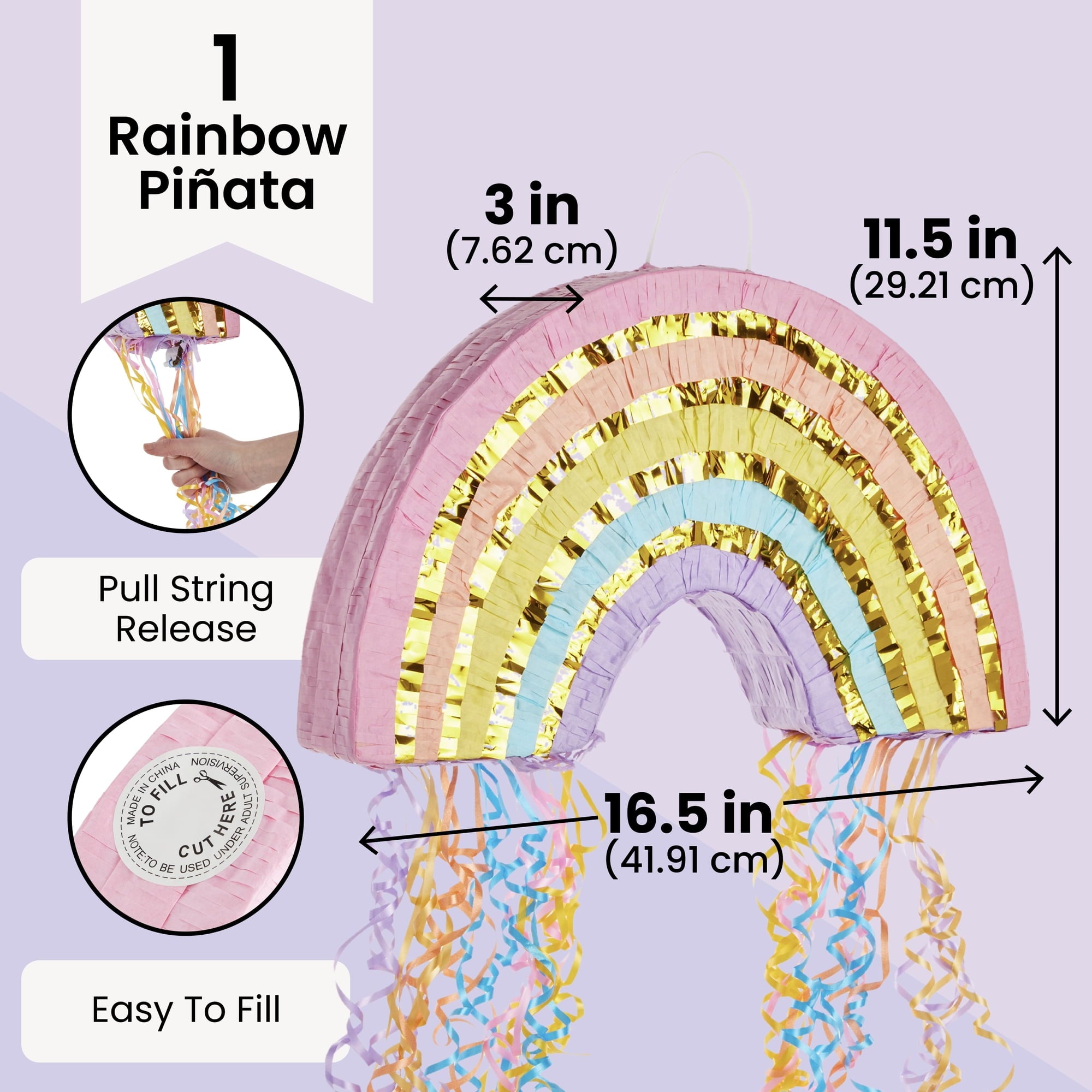 BLUE PANDA Rainbow Pull String Pinata for Kids Ages 3-14, Pastel Birthday Decorations, Gender Reveal Party Supplies, Small, 16.5 x 10 x 3 In