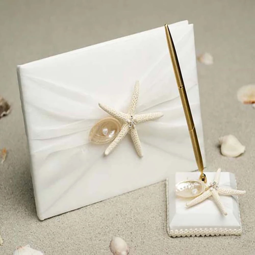 4Pcs Starfish Shell Satin Wedding Supplies Set Flower Girl Basket + Ring Bearer Pillow + Guest Book + Pen Set Holder for Bridal Wedding Shower Ceremony Anniversary Celebrations Party Decorations