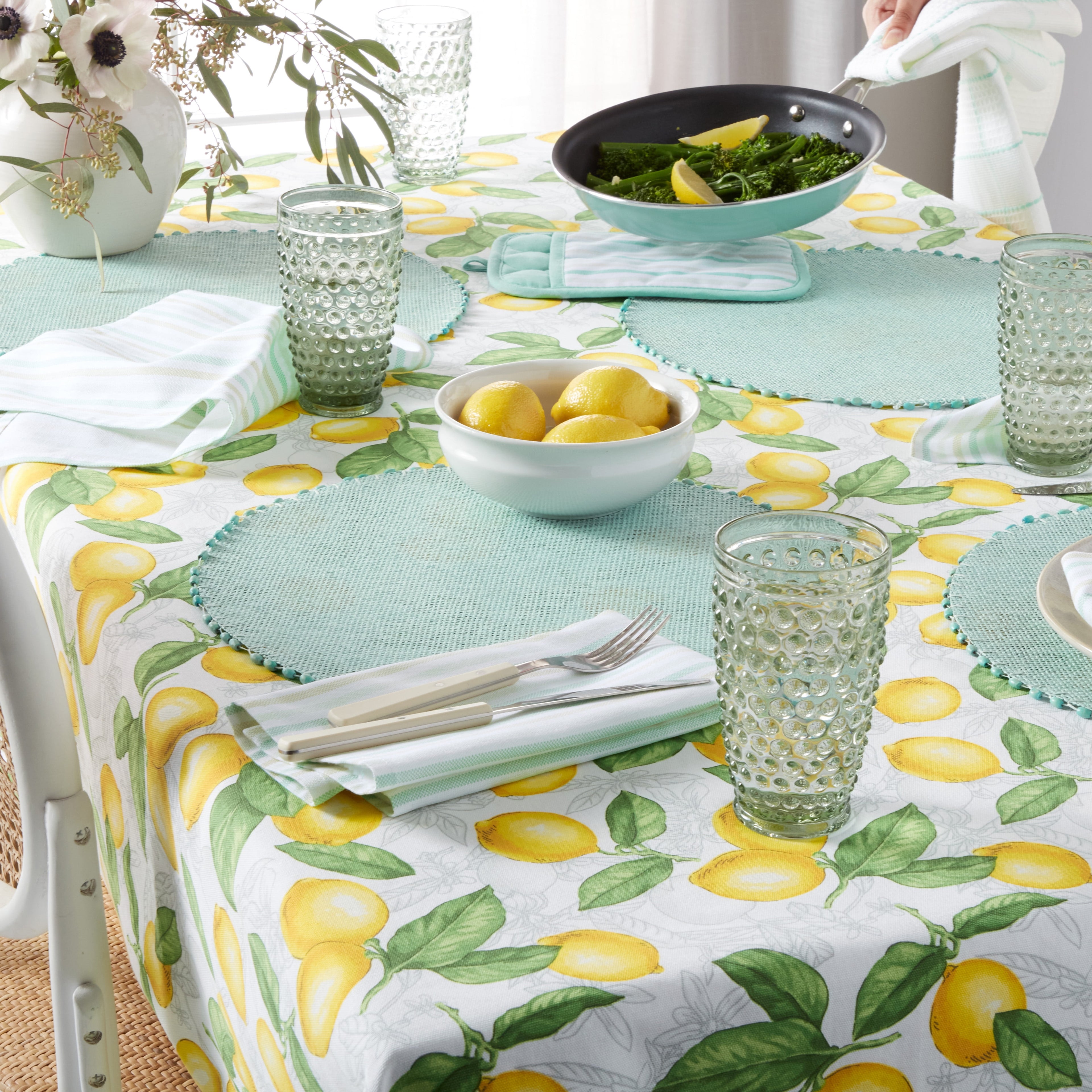 Martha Stewart Lots of Lemons Fabric Tablecloth Single Pack, White/Yellow, 60"x102"