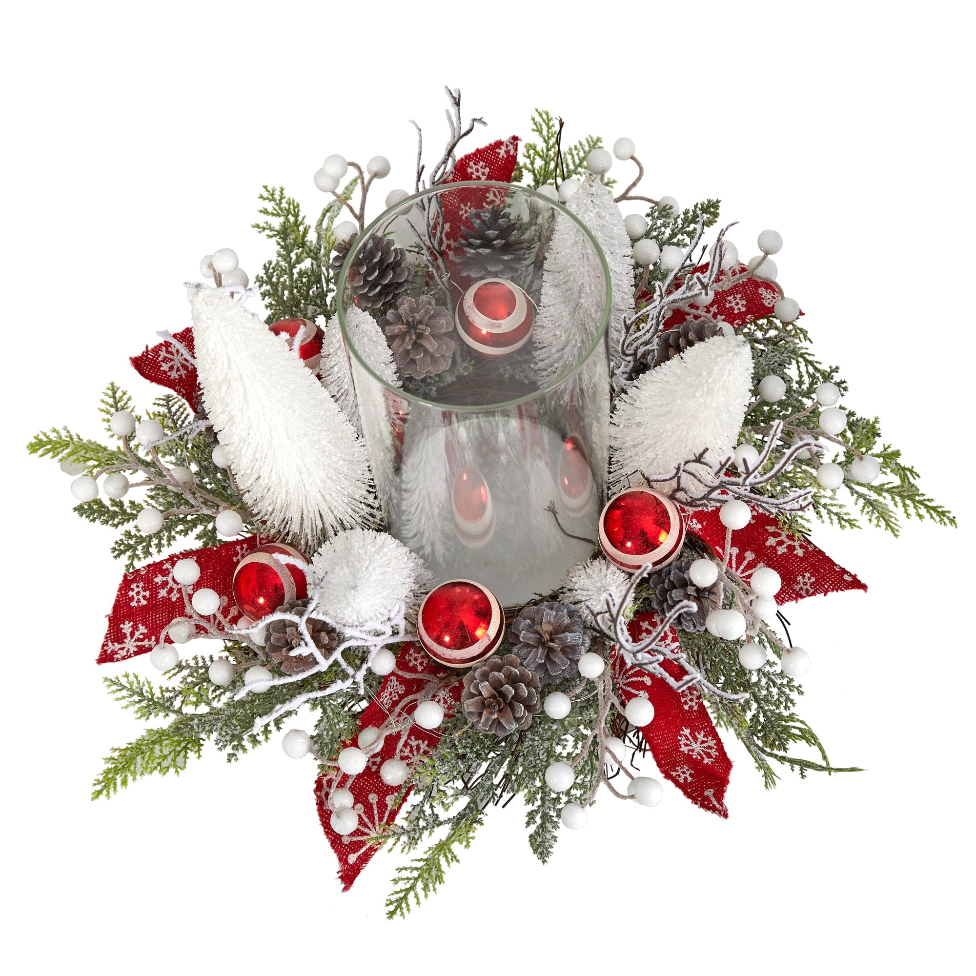 Nearly Natural 15" Holiday Lighted Forest Candle Holder Table Christmas Artificial Arrangement