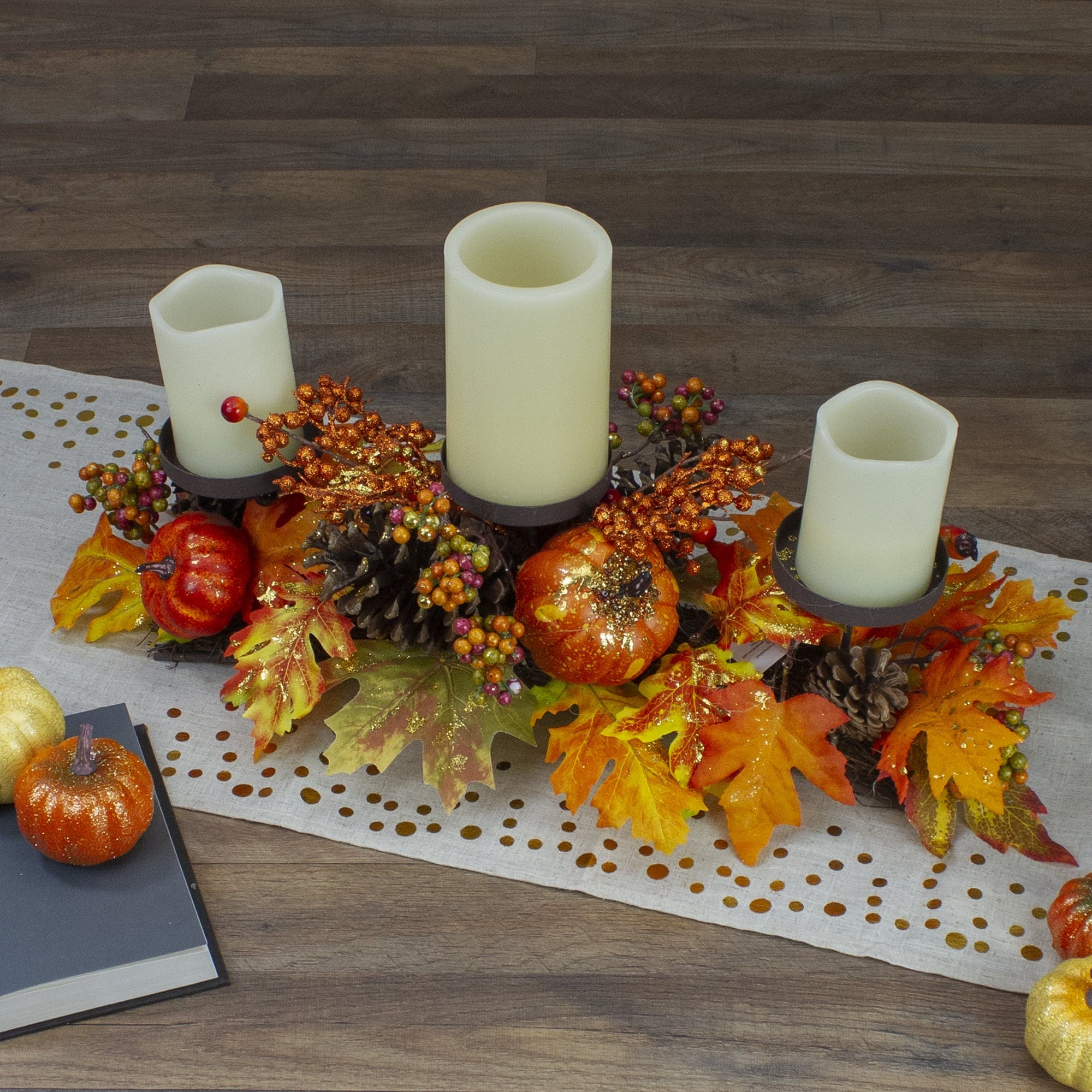 Northlight 21" Orange Fall Harvest Leaves and Pumpkins Candle Holder
