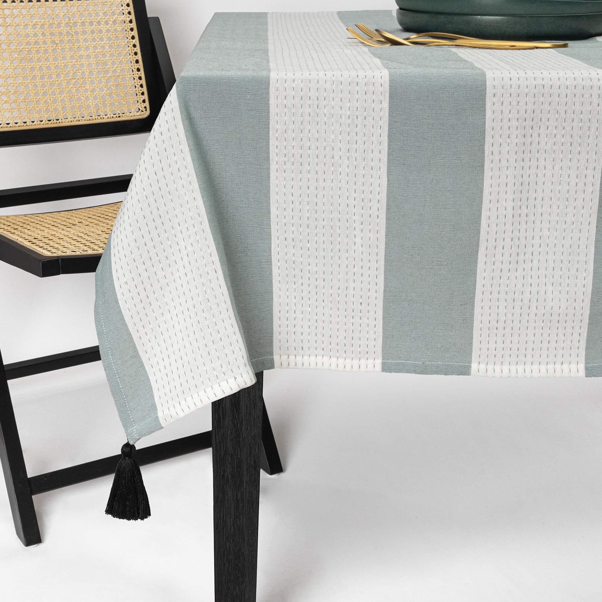 (2 pack) Thyme & Table 102" Rectangle Tablecloth, Green and White with Black Tassels