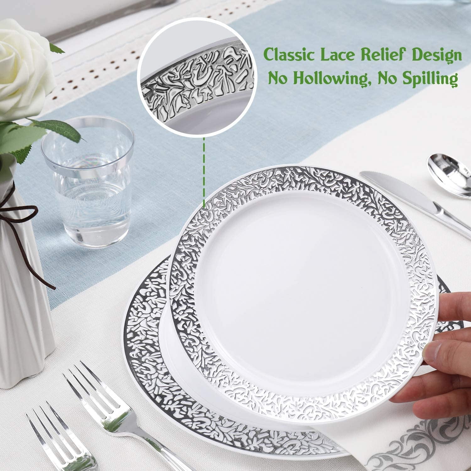 175 Piece Silver Dinnerware Set 25 Guest-50 Silver Lace Plastic Plates-25 Silver Plastic Silverware-25 Silver Plastic Cups-25 Linen Feel Silver Paper Napkins, FOCUSLINE Disposable Dinnerware Set