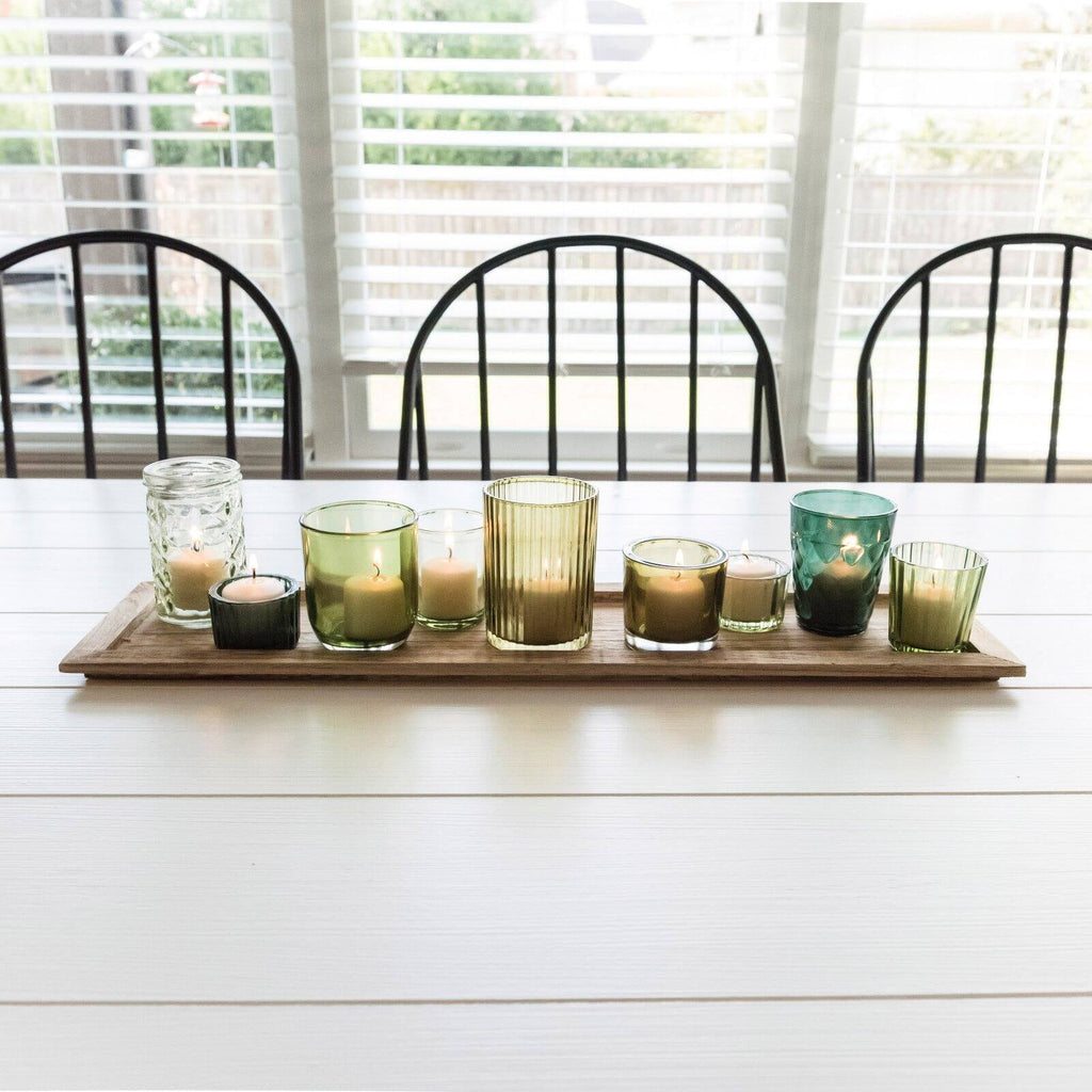 Desert Fields 9-Candle Brown Wood Tray with Glass Votive Candle Holders, Set of 10
