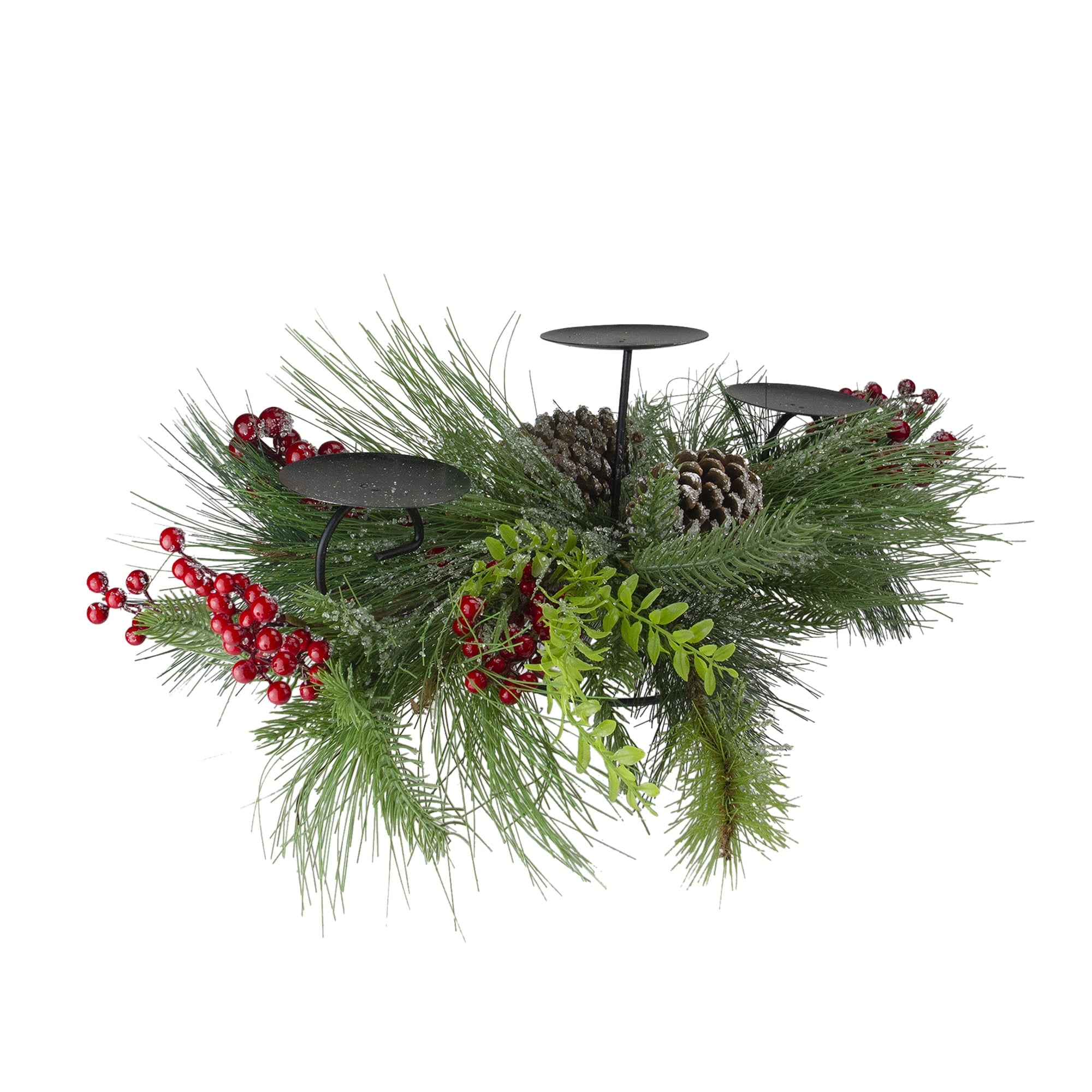 Northlight 32" Iced Mixed Pine, Berries and Pine Cones Christmas Pillar Candle Holder
