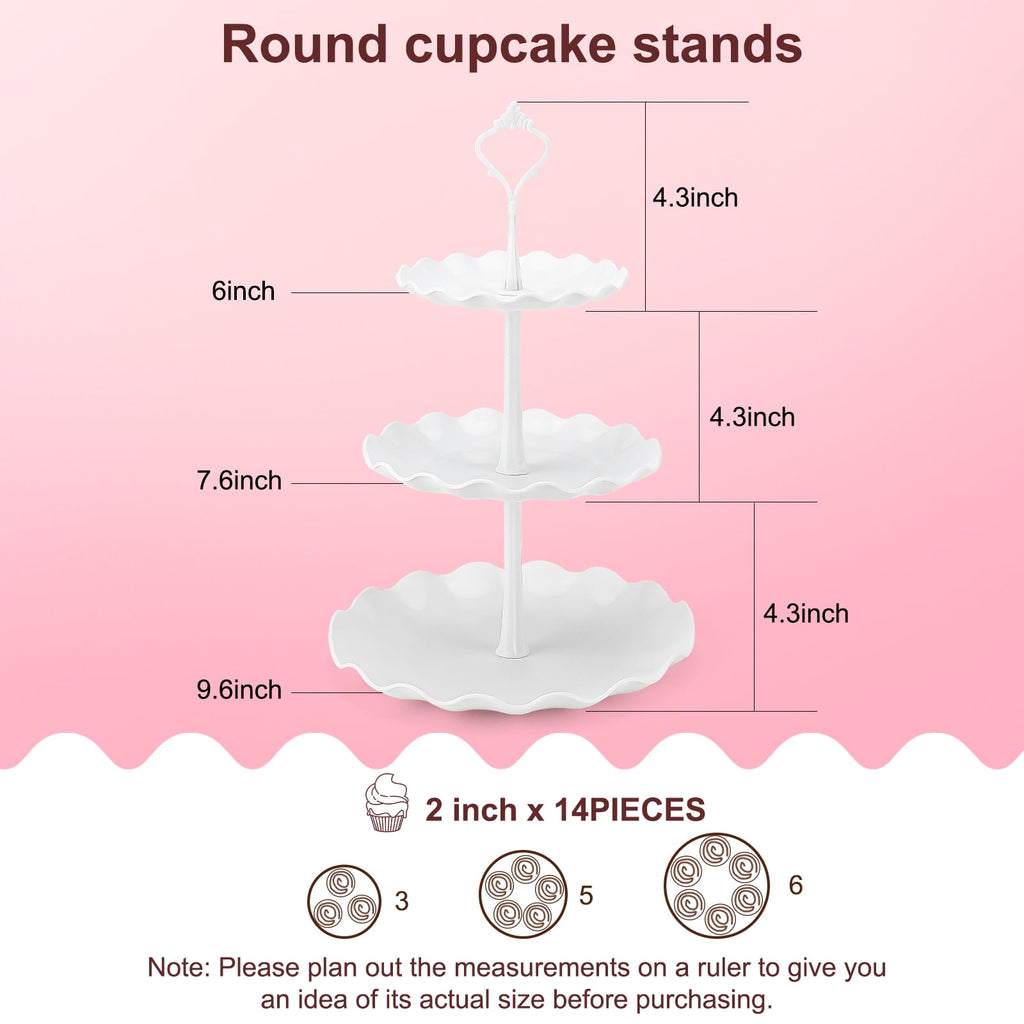TINANA 10 PCS Plastic Cake and Cupcake Stand Set, 3 Two-Tier Stands, 3 Three-Tier Stands, 4 Appetizer Trays, for Birthday, Bridal, and Baby Shower Parties, White