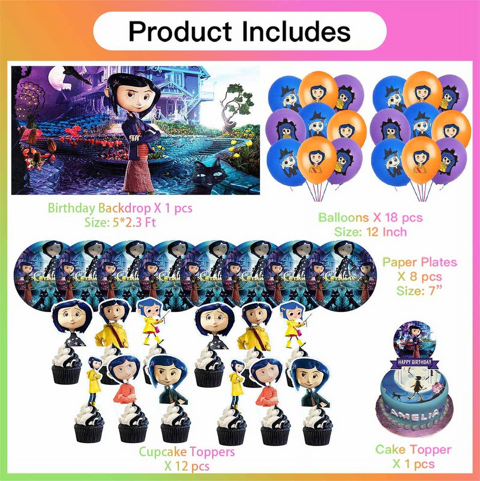 Coraline Birthday Party Supplies Balloons Plates Decoration Cake Topper Decor Tableware Banner Backdrop
