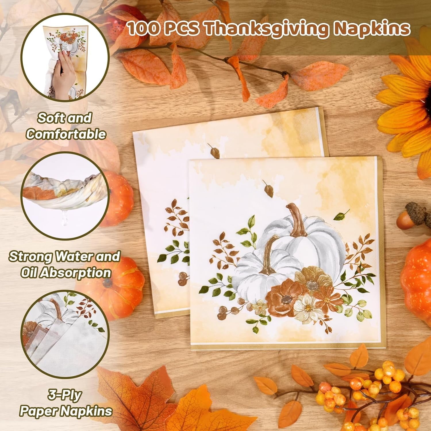 Waipfaru 200 Pcs Fall Paper Plates and Napkins Thanksgiving Party Supplies Sunflower and Pumpkin Disposable Dinnerware Server 50