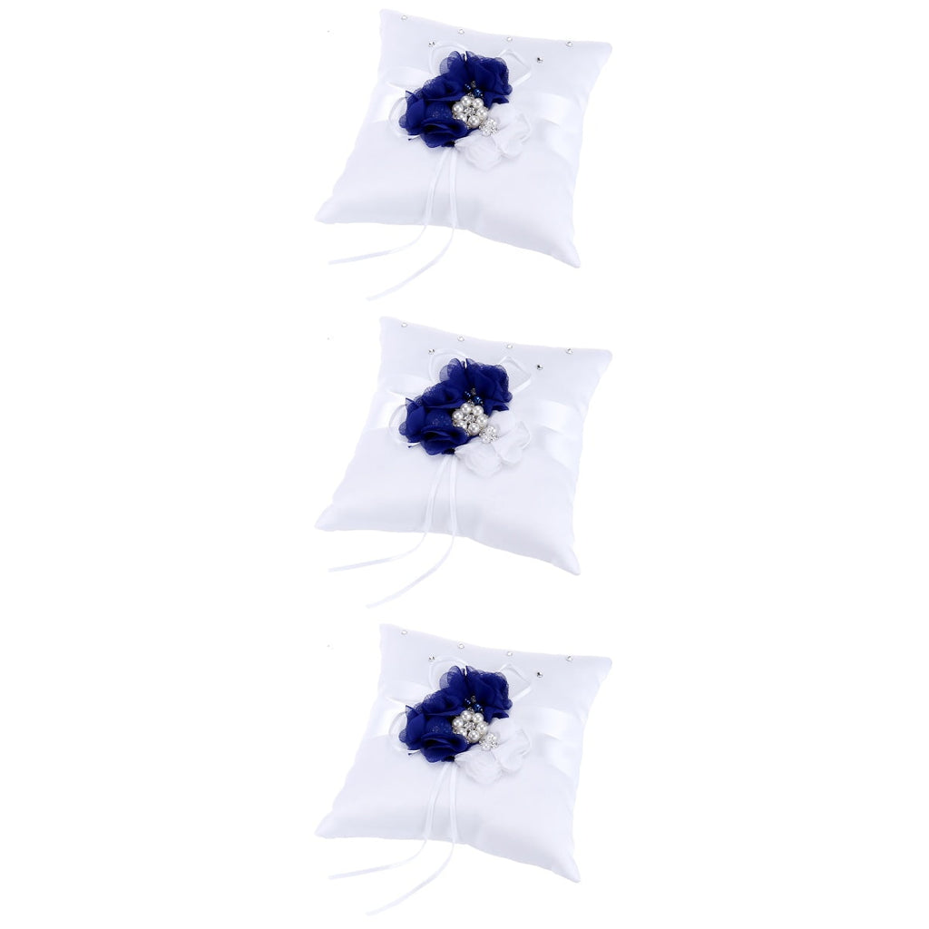 WORGEOUS 3pcs 20*20cm Embellished Wedding Ring Pillow Cushion Pearl Flower Decorated Ring Bearer Pillow (Blue & White Flower)
