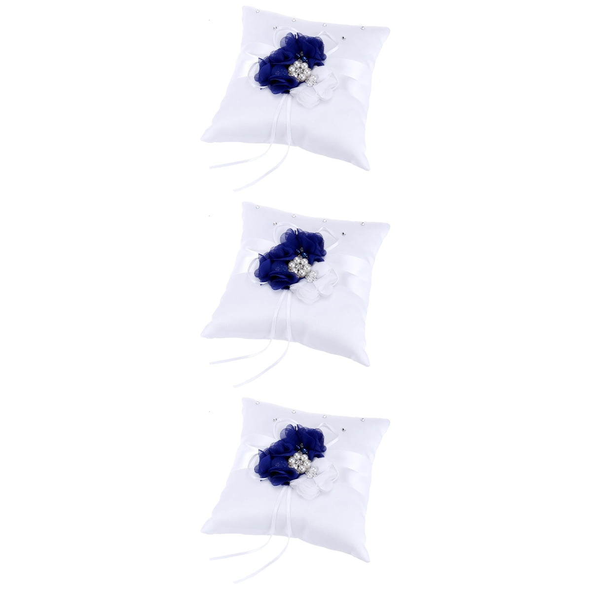 WORGEOUS 3pcs 20*20cm Embellished Wedding Ring Pillow Cushion Pearl Flower Decorated Ring Bearer Pillow (Blue & White Flower)