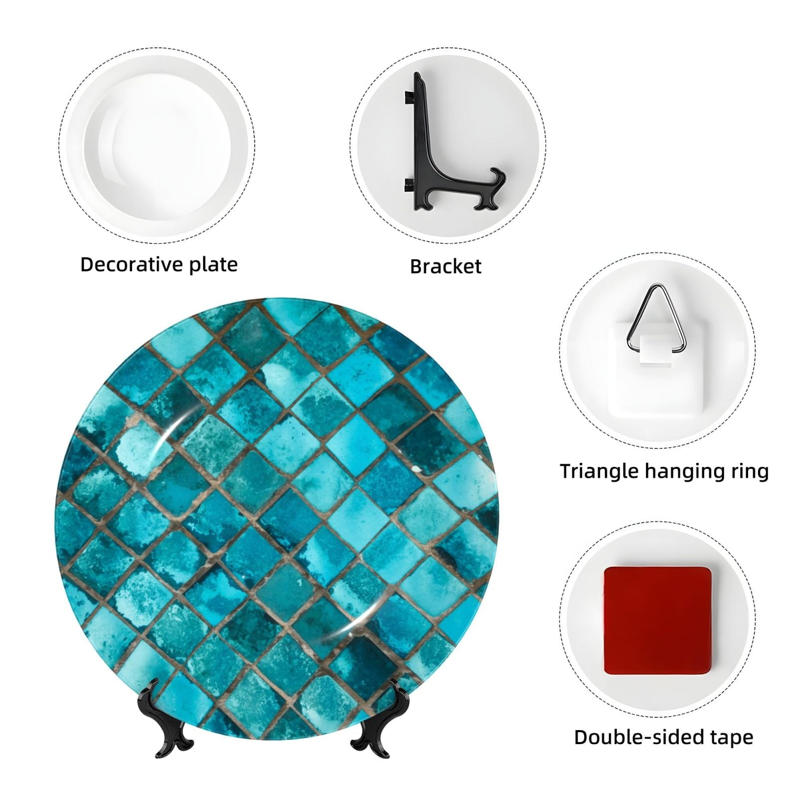 Honeii Square Glass Mosaic Print Elegant Bone China Decorative Plate, Porcelain Plate,Art Crafts,Ceramic Ornaments for Home Office Wall Decor-6in