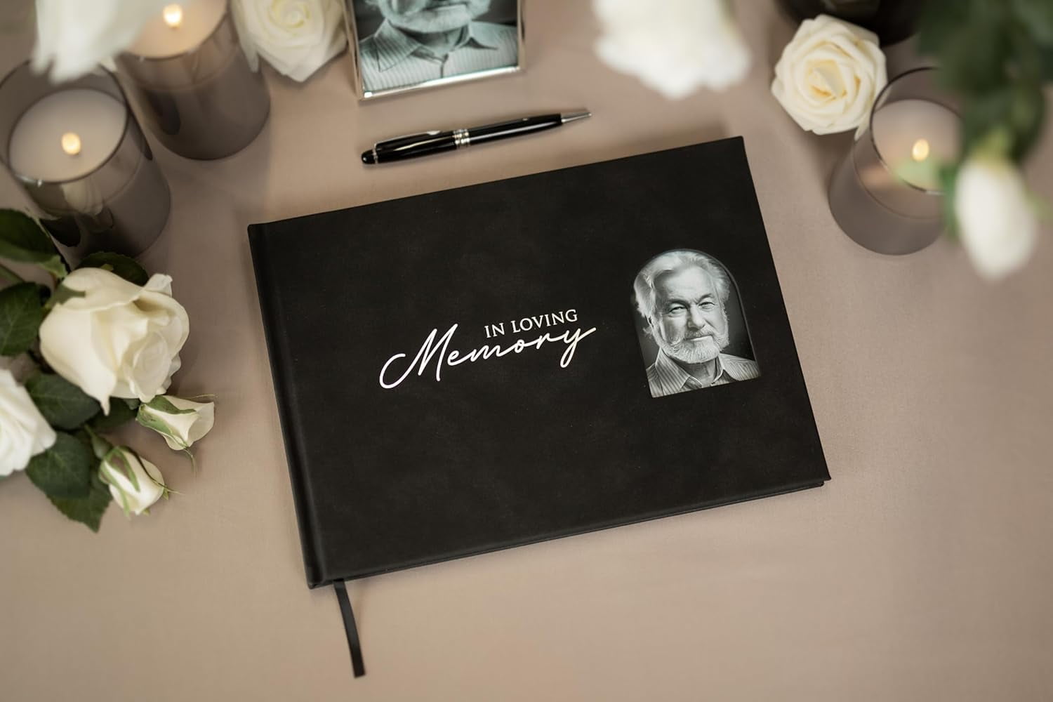 In Loving Memory Embossed Guest Book with Arched Photo Slot - Charcoal Black Leatherette PU Guestbook for Funeral Memorial