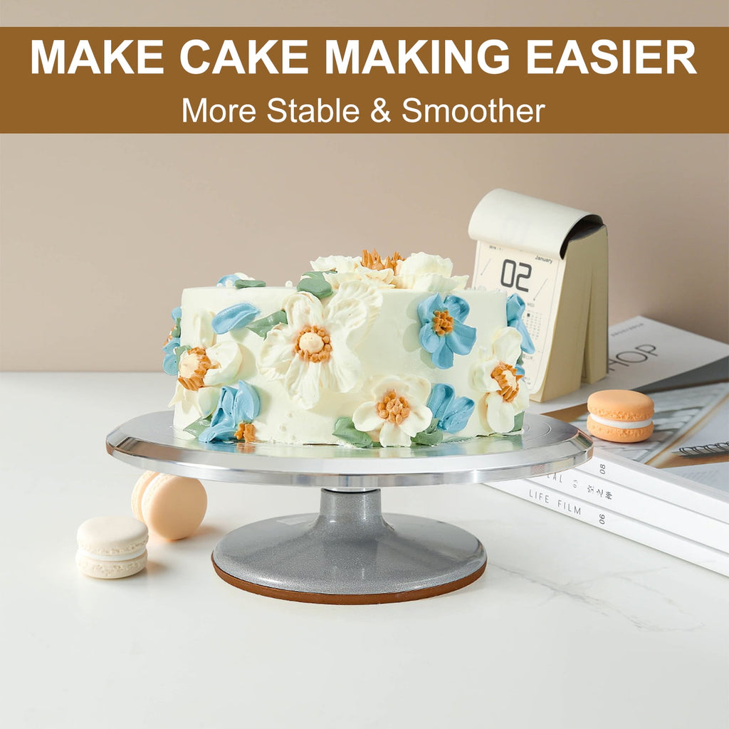 Cake Turntable Set, 12'' Aluminium Alloy Cake Stand, Cake Decorating Turntable with 3 Comb Smoother Offset Spatula Cake Serve for Cake, Cupcake, Desserts