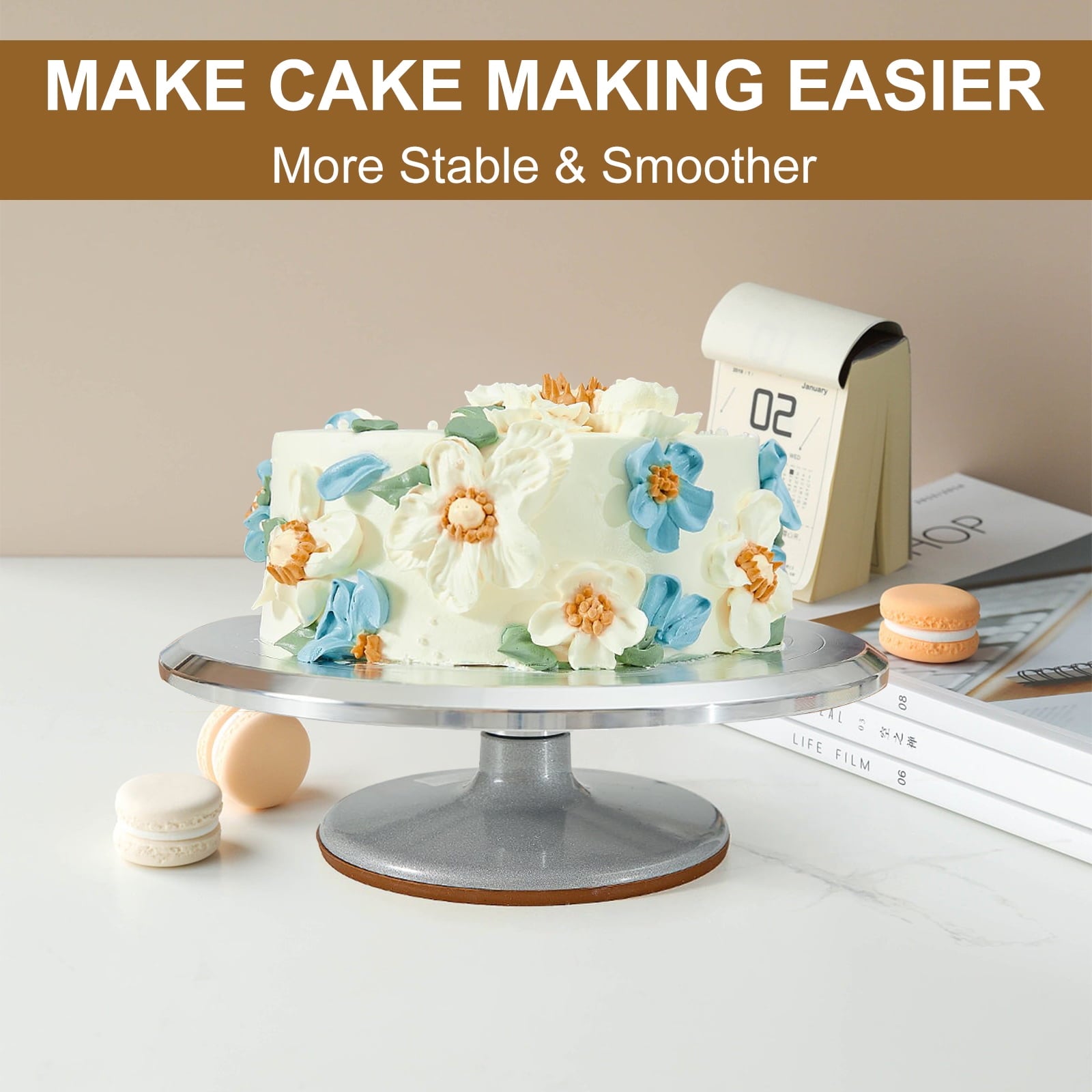 Cake Turntable Set, 12'' Aluminium Alloy Cake Stand, Cake Decorating Turntable with 3 Comb Smoother Offset Spatula Cake Serve for Cake, Cupcake, Desserts