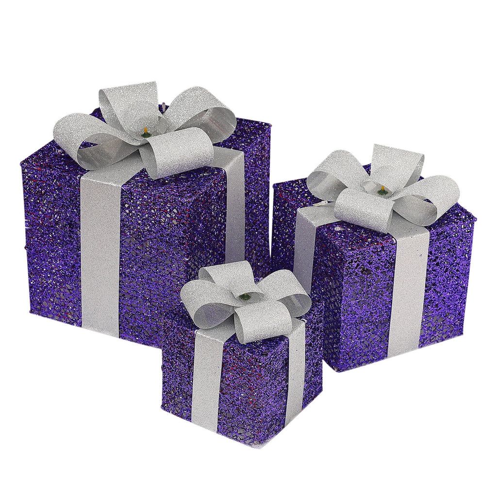 Bxaolu Christmas Lighted Gift Boxes: Set of 3 Light Up Presents Christmas Decoration for Indoor Xmas Tree Outdoor Yard Holiday, Battery Operated Gift Boxes with Lights(Purple)