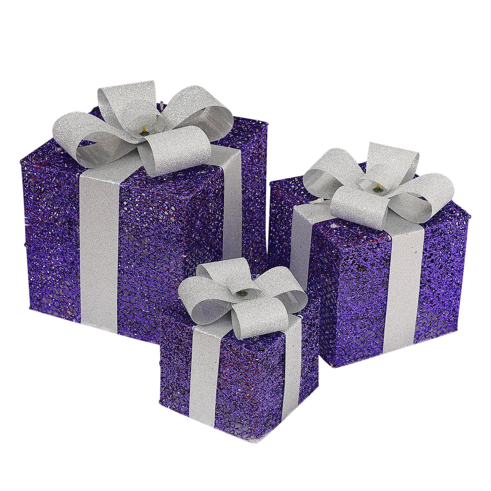 Bxaolu Christmas Lighted Gift Boxes: Set of 3 Light Up Presents Christmas Decoration for Indoor Xmas Tree Outdoor Yard Holiday, Battery Operated Gift Boxes with Lights(Purple)