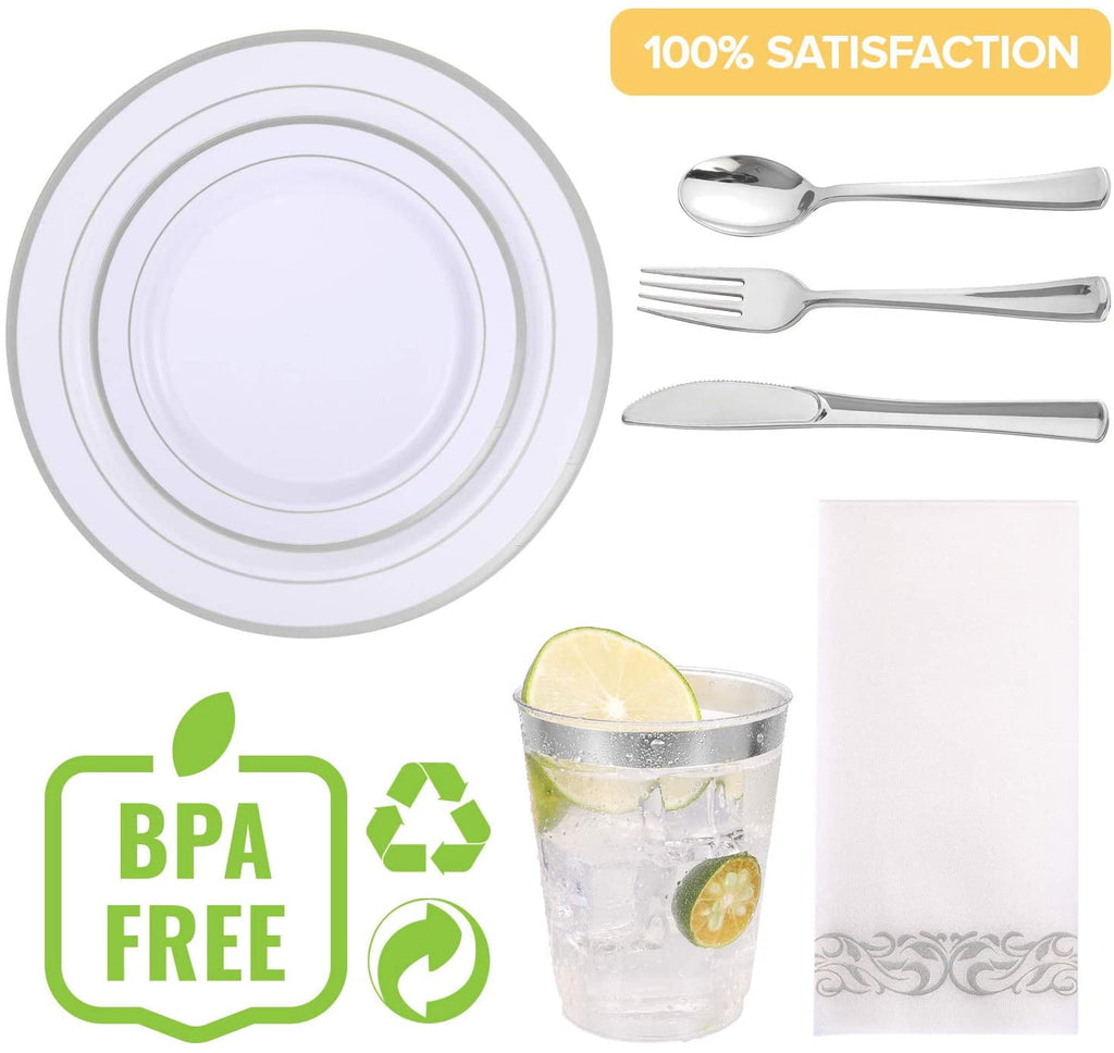 FOCUSLINE Silver Dinnerware Set, Heavy Duty Disposable Plastic Plates, 50 Plastic Plates-25 Plastic Silverware-25 Plastic Cups-25 Paper Napkins, 175 Pack