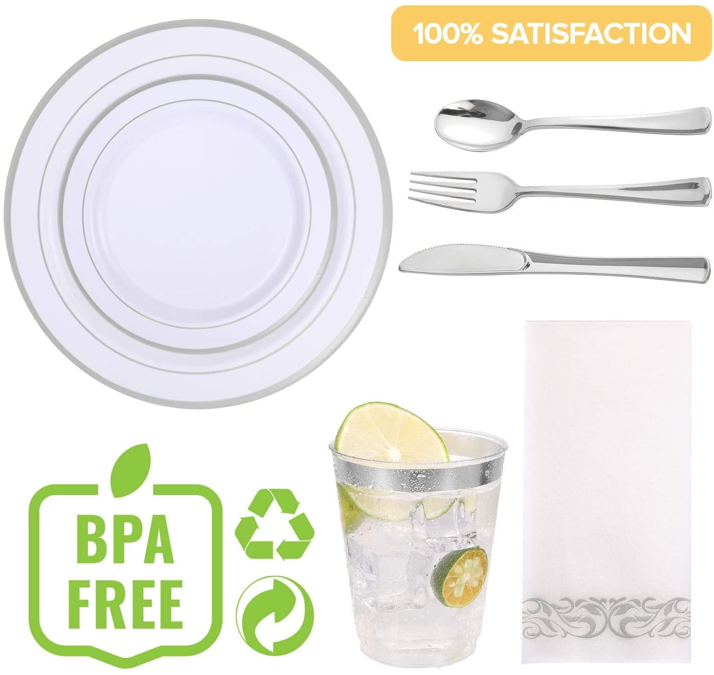 FOCUSLINE Silver Dinnerware Set, Heavy Duty Disposable Plastic Plates, 50 Plastic Plates-25 Plastic Silverware-25 Plastic Cups-25 Paper Napkins, 175 Pack