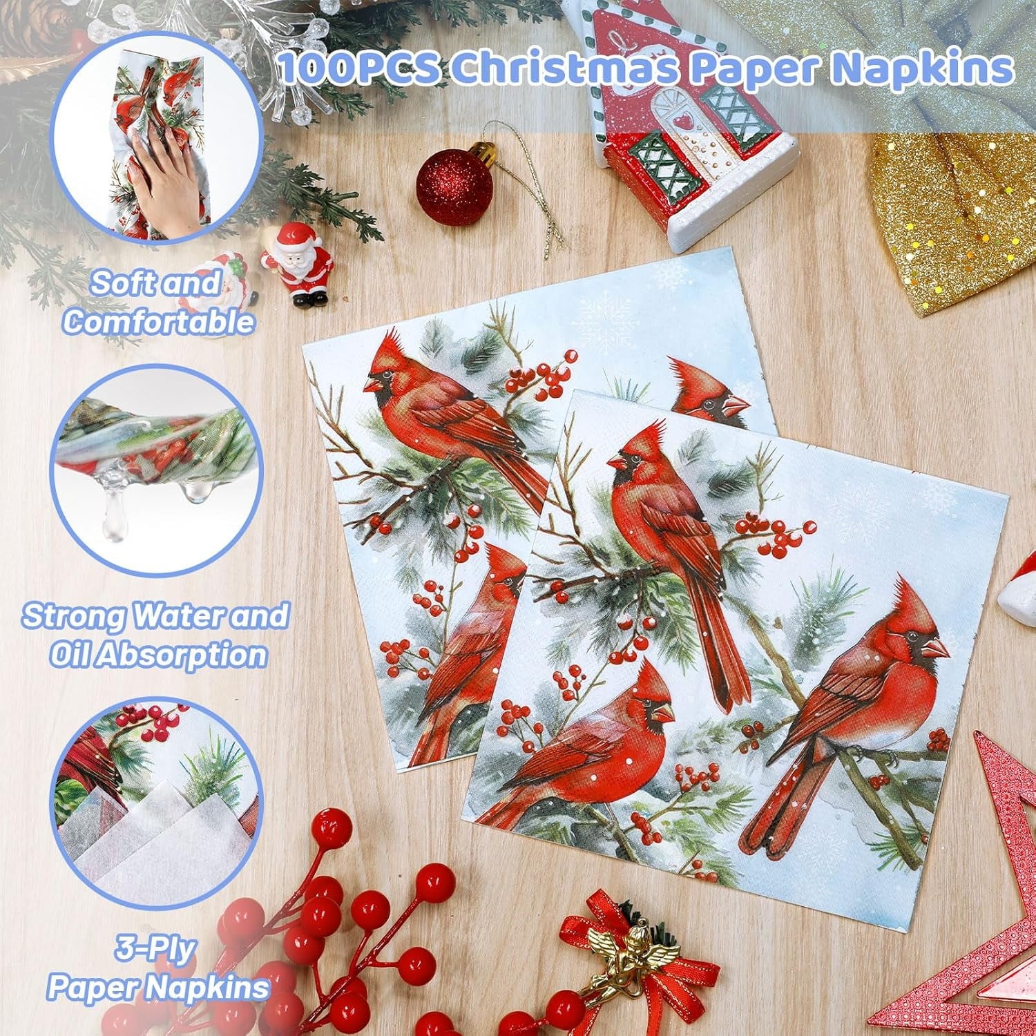 Waipfaru 200 PCS Christmas Paper Plates and Napkins Red Cardinal Bird Party Supplies Disposable Dinnerware Set for Xmas Party