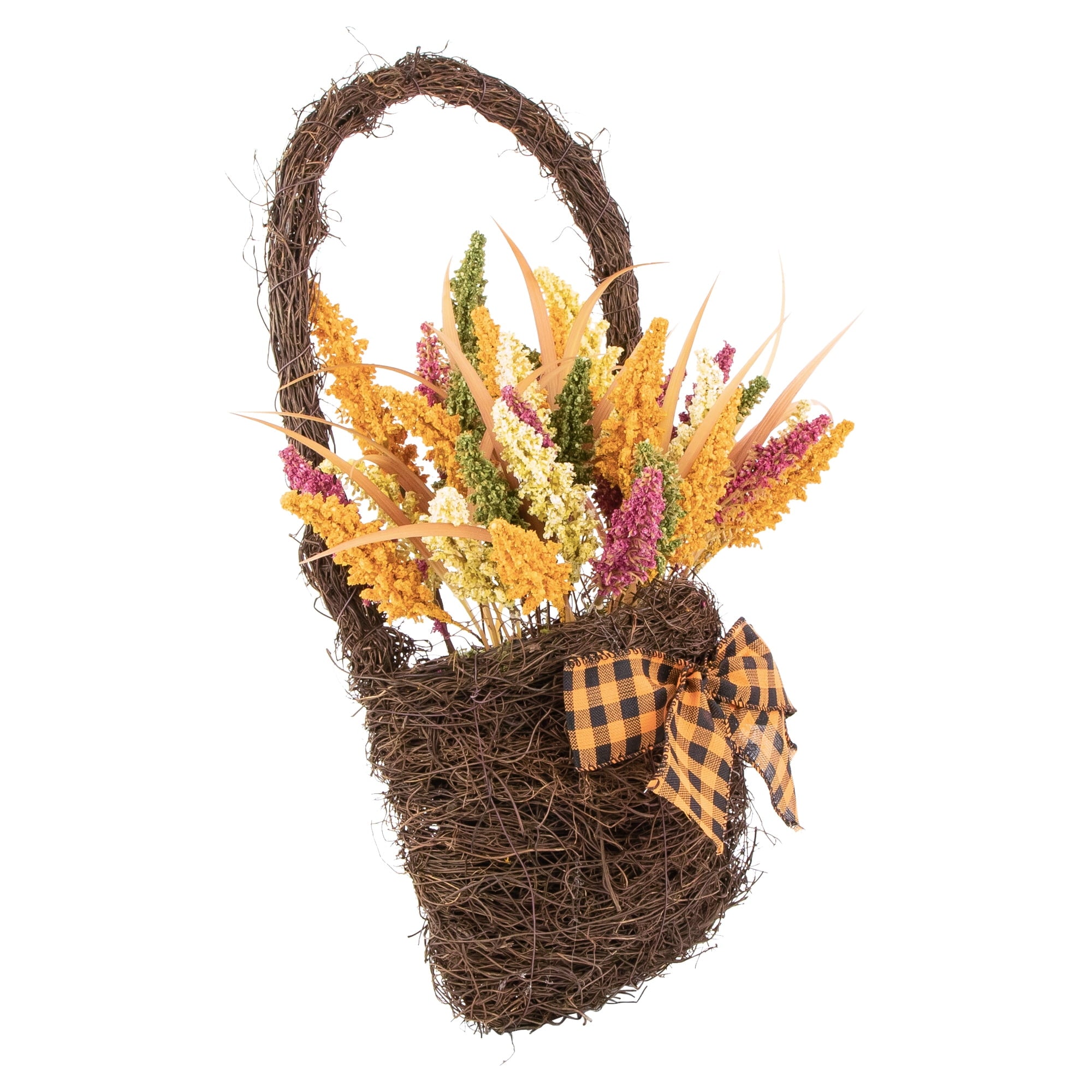 Northlight Autumn Harvest Hanging Basket with Artificial Foliage and Checkered Bow - 22"