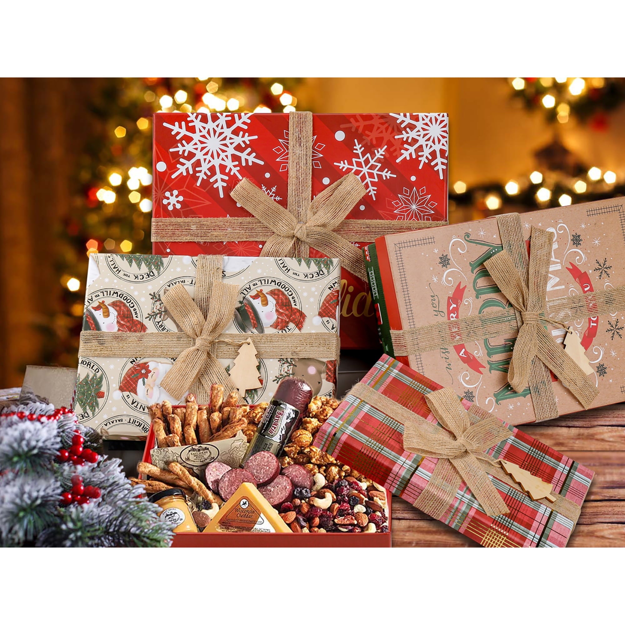 4 Pack Christmas Gift Boxes with Lids Nesting Square Box Set in Bows Decor Designs for Christmas Holiday Birthday Wedding Present