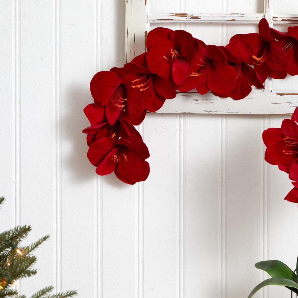 Nearly Natural Amaryllis Christmas Floral Garland, 60" (Red)