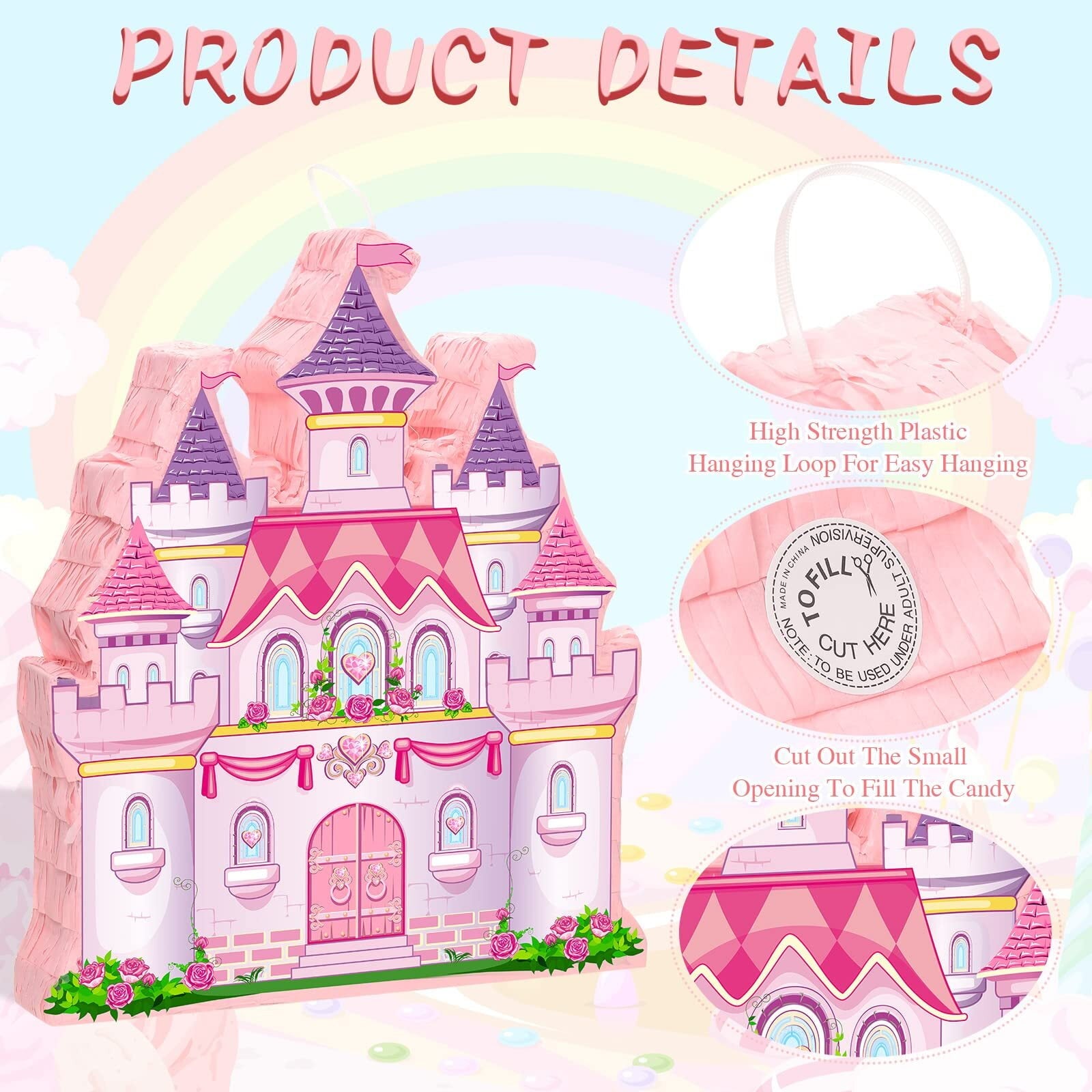 JUGAAD LIFE Princess Castle Pinata Party Supplies Pinata Bundle with Blindfold, Bat and Colorful Confetti for Girls Boys Kids Birthday Party Toys Game Decorations